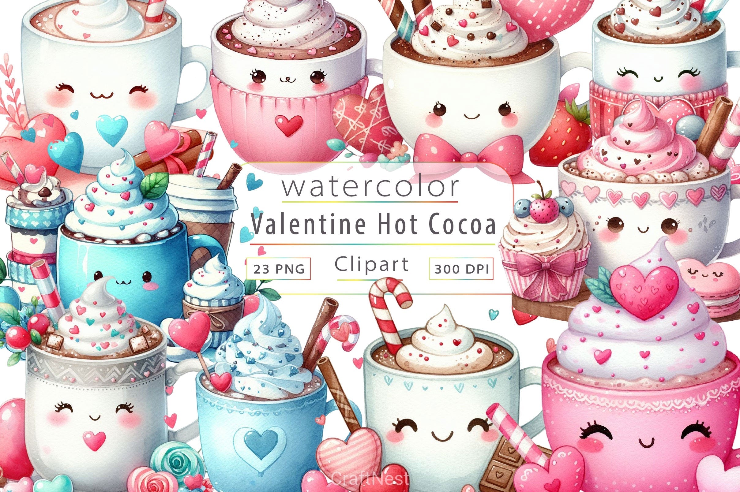Cute Valentine Day Hot Cocoa Clipart Bundle