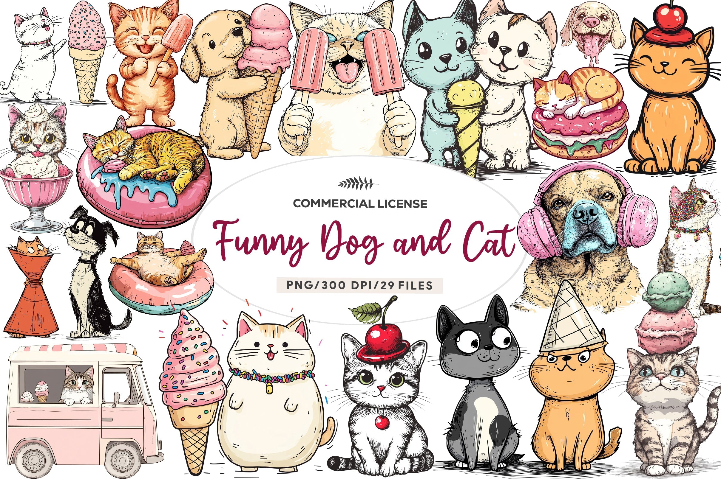 Funny Dog And Cat Love Ice Cream Clipart Bundle