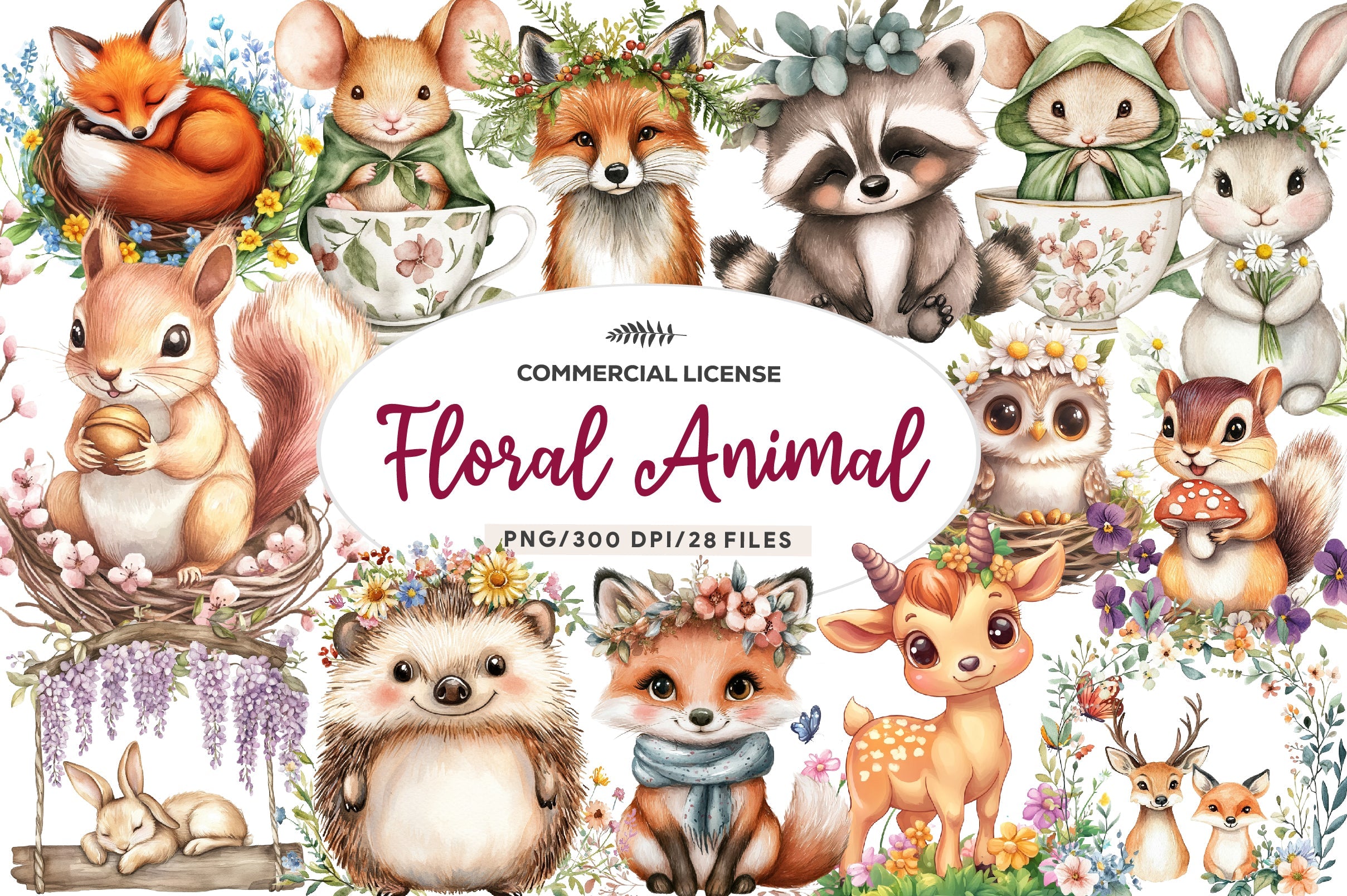 Sweet Woodland Floral Animal Creatures Clipart Bundle