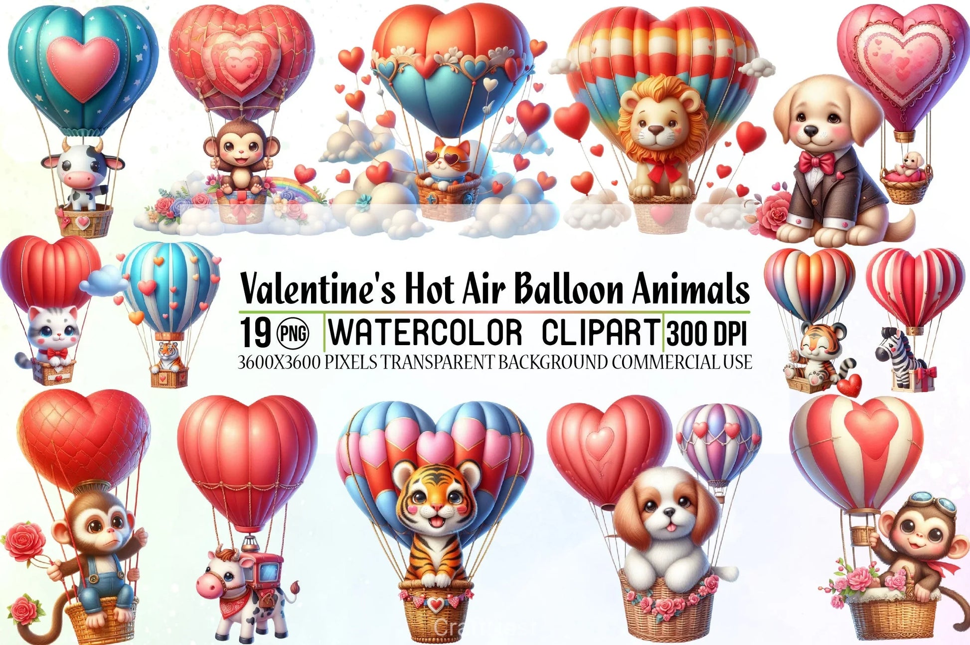 Valentine's Hot Air Balloon Animals Clipart Bundle - CraftNest - Digital Crafting and Art