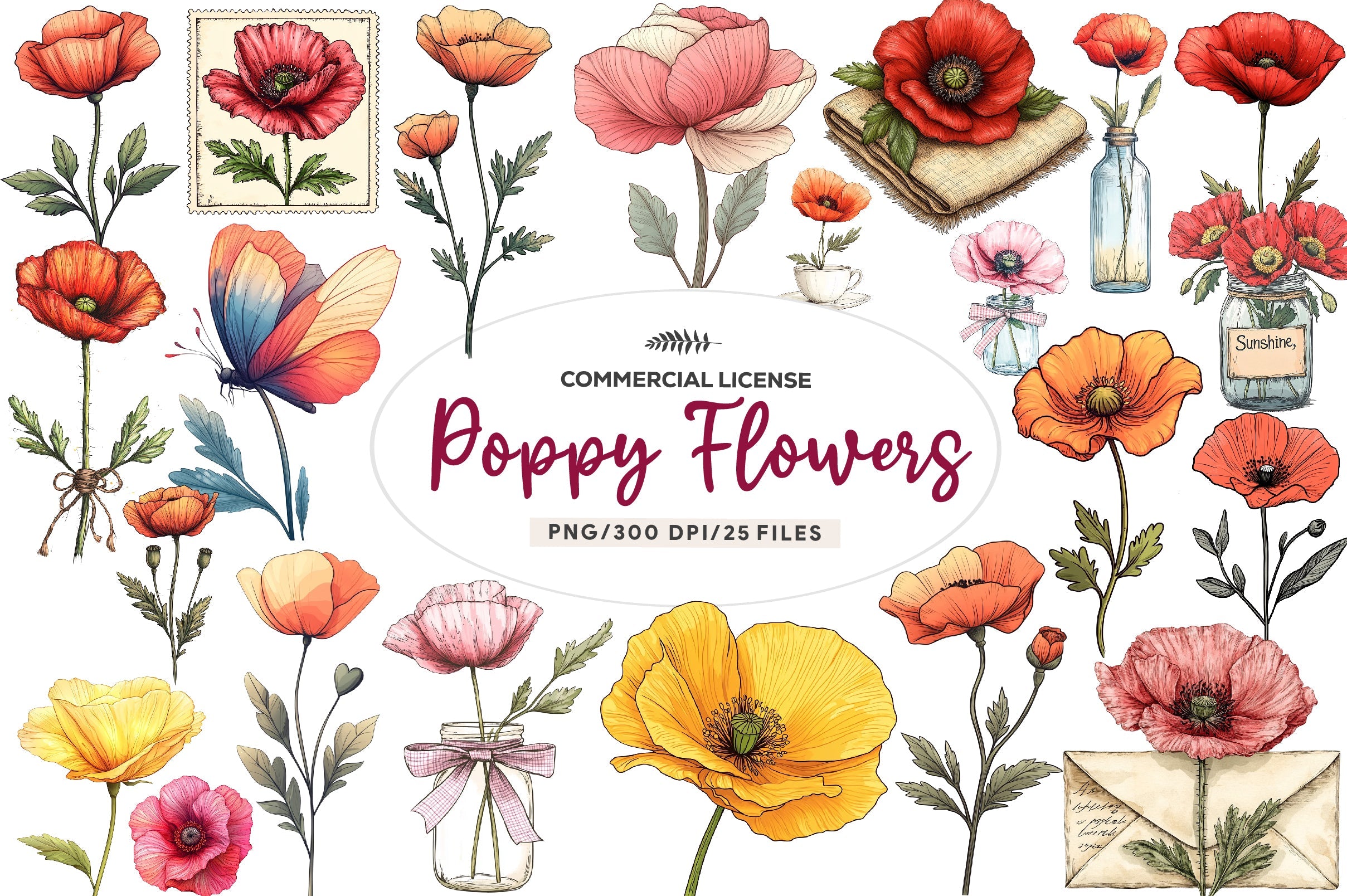 Summer Poppy Flowers Clipart Bundle