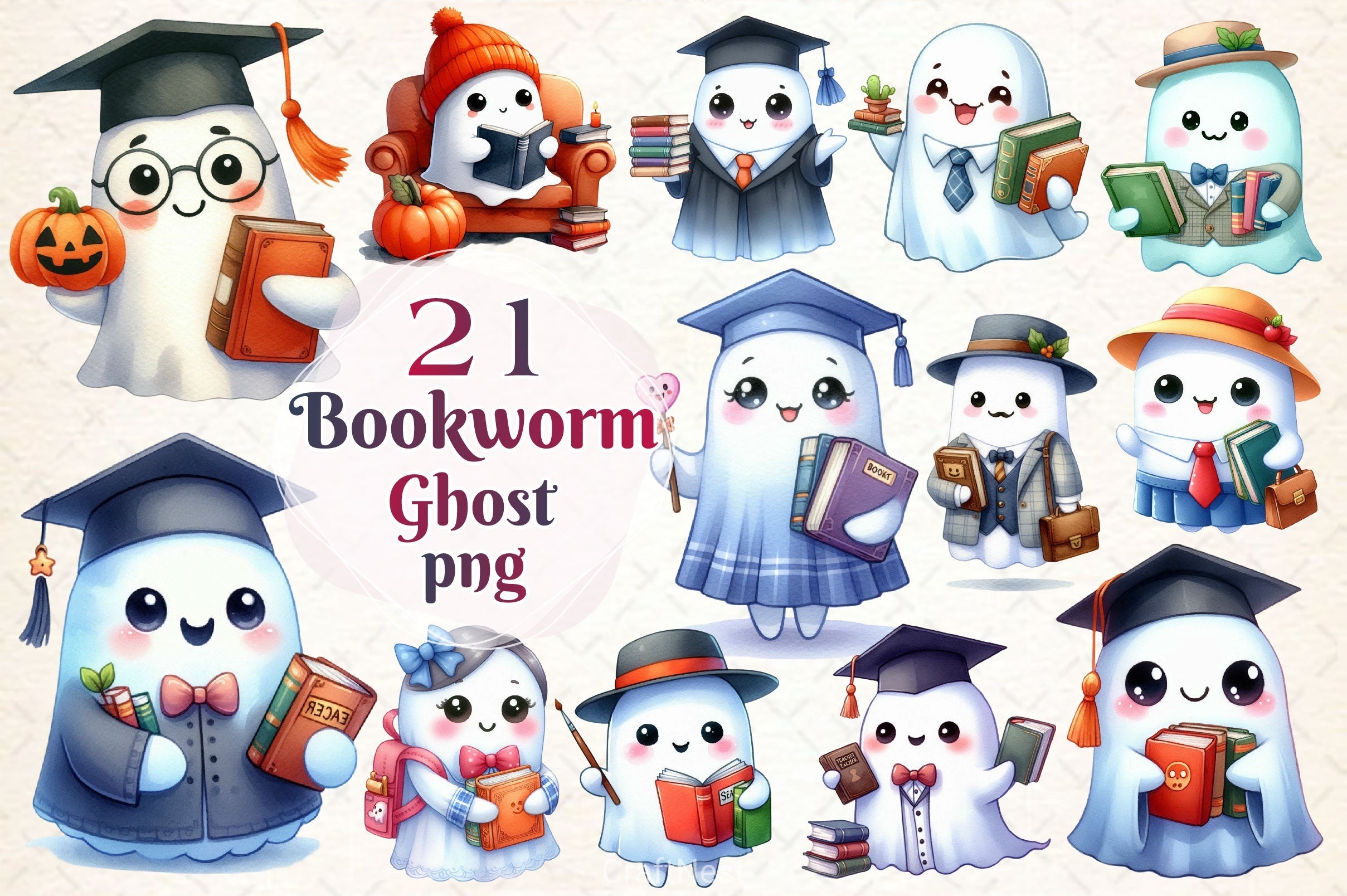 Ghost Bookworm Clipart Bundle