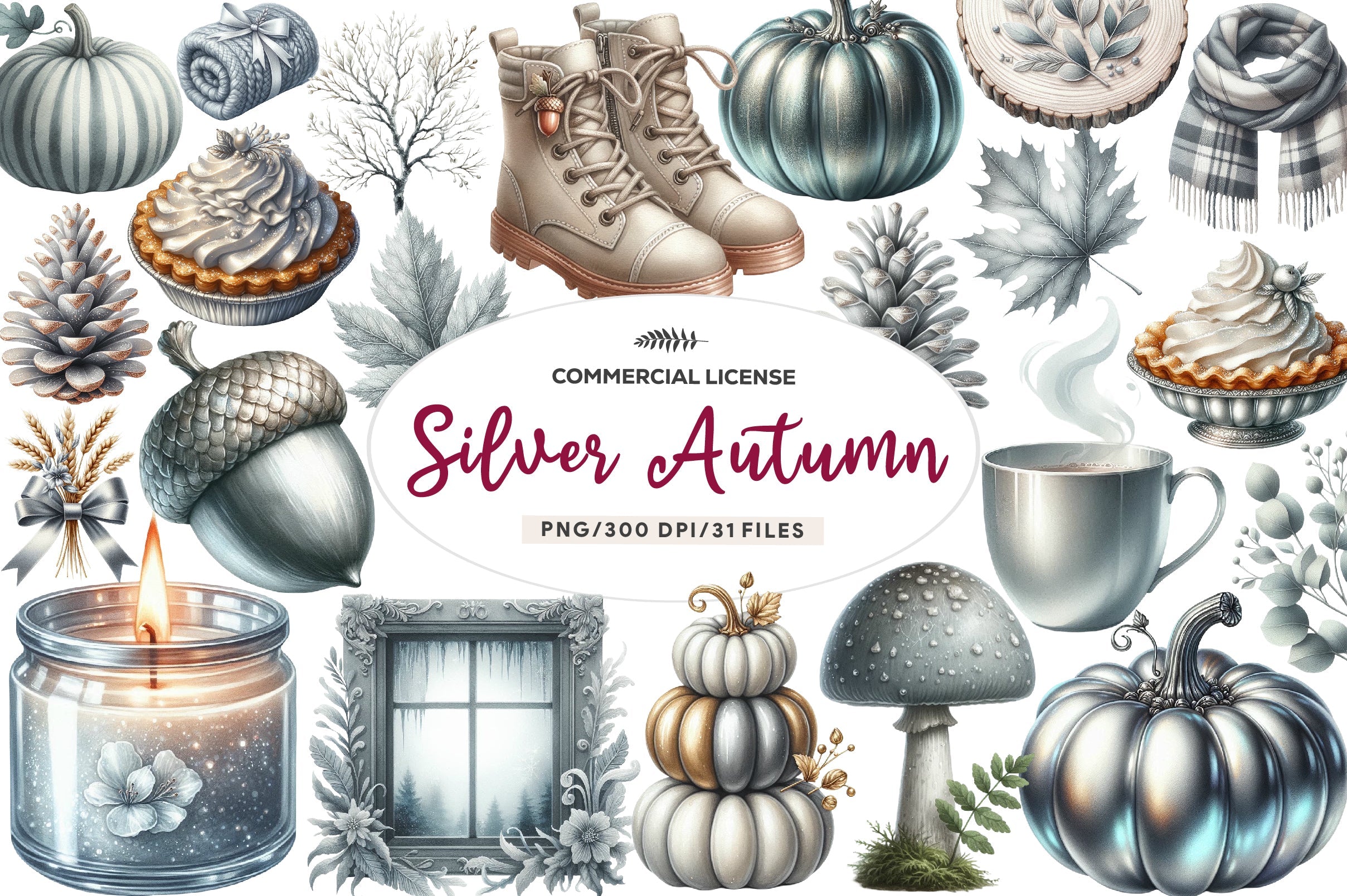 Silver Autumn Clipart Bundle