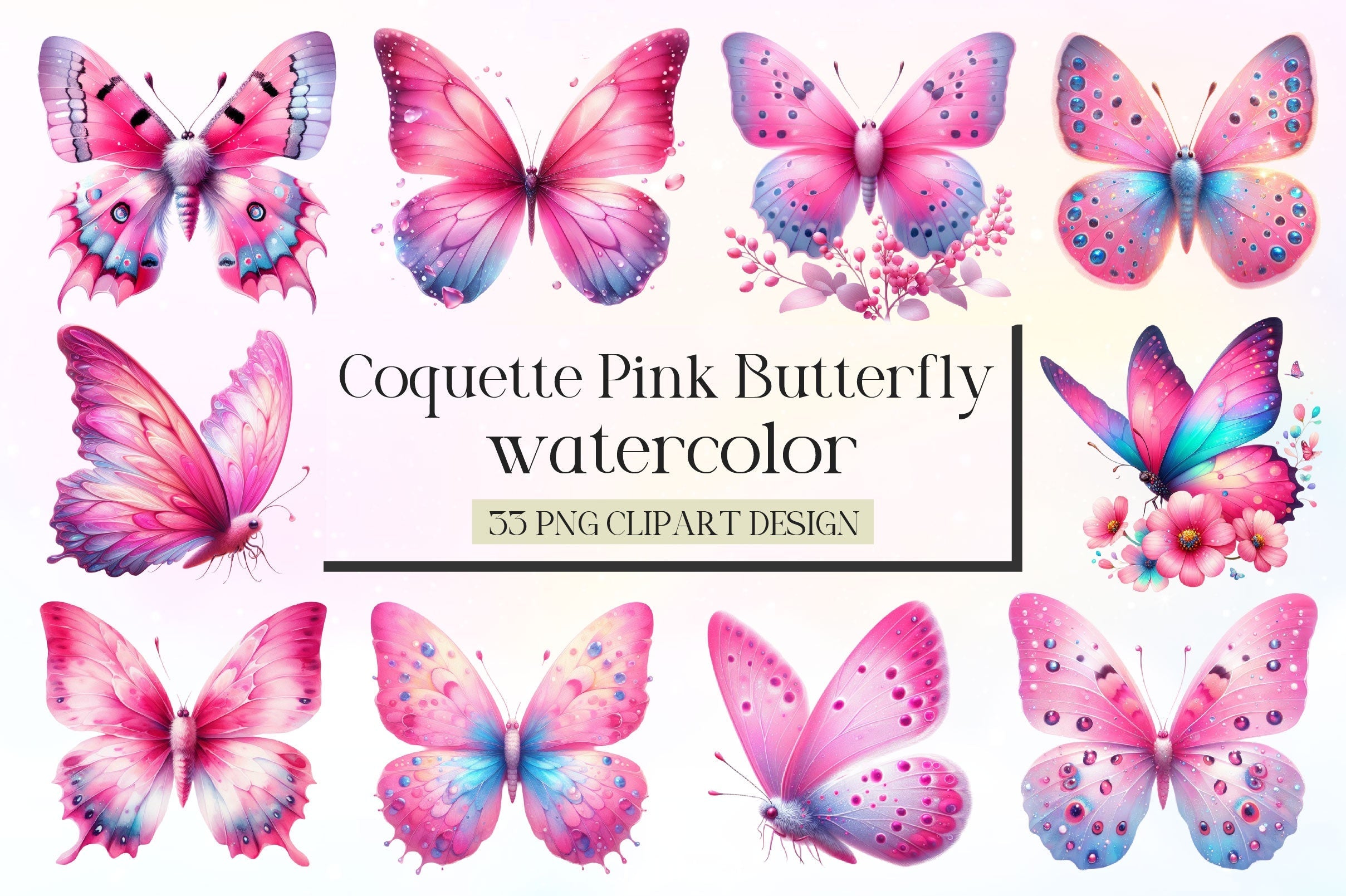 Coquette Pink Butterfly Clipart Bundle 2