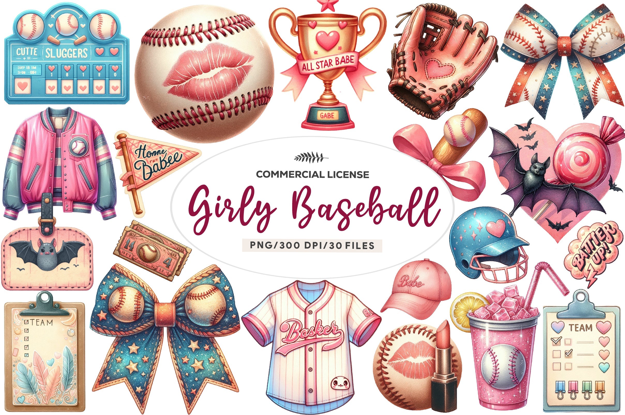 Retro Girly Baseball Clipart Bundle 1