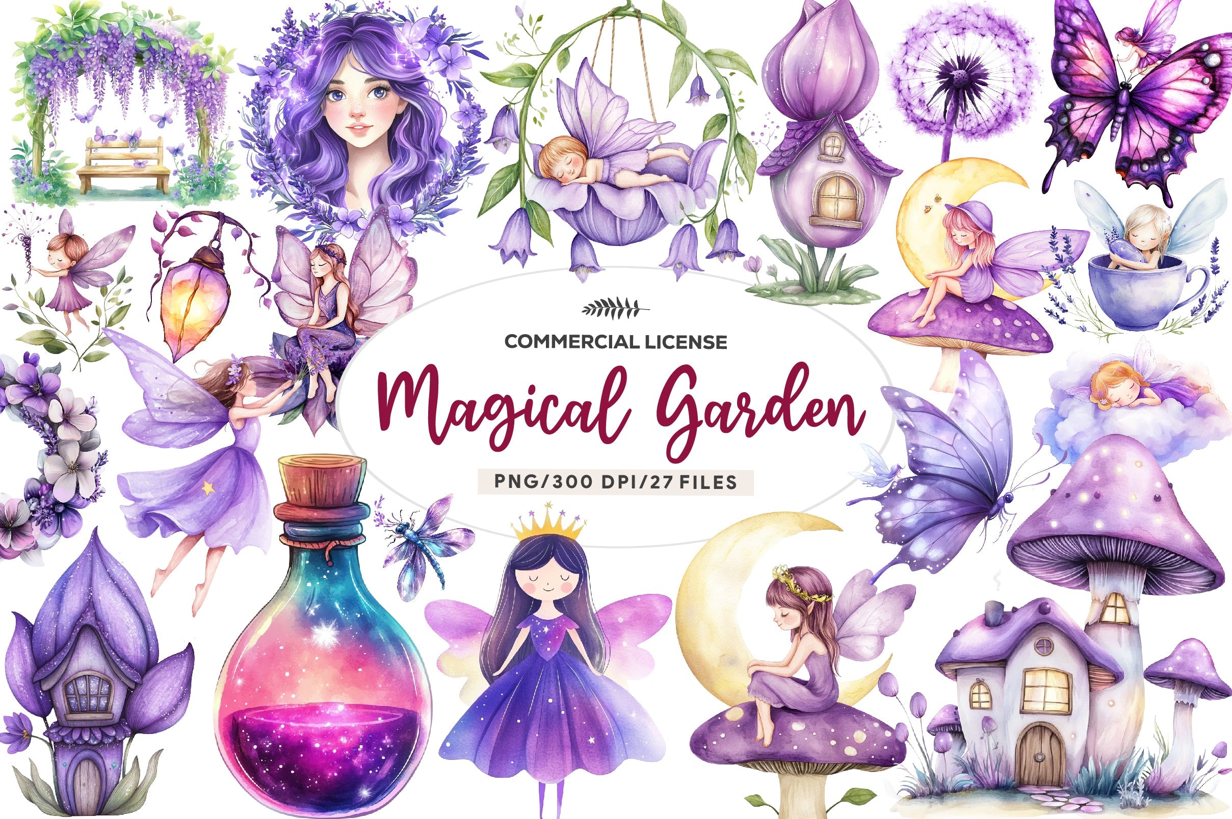Magical Garden Purple Fairies Clipart Bundle 1