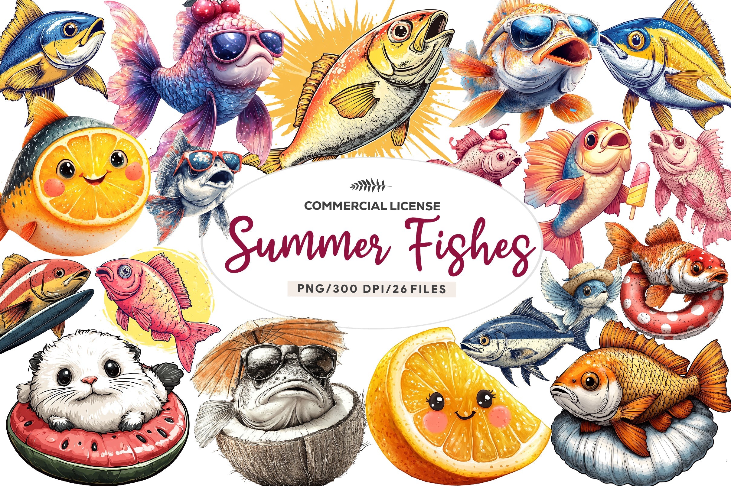 Quirky Whimsical Summer Fishes Clipart Bundle