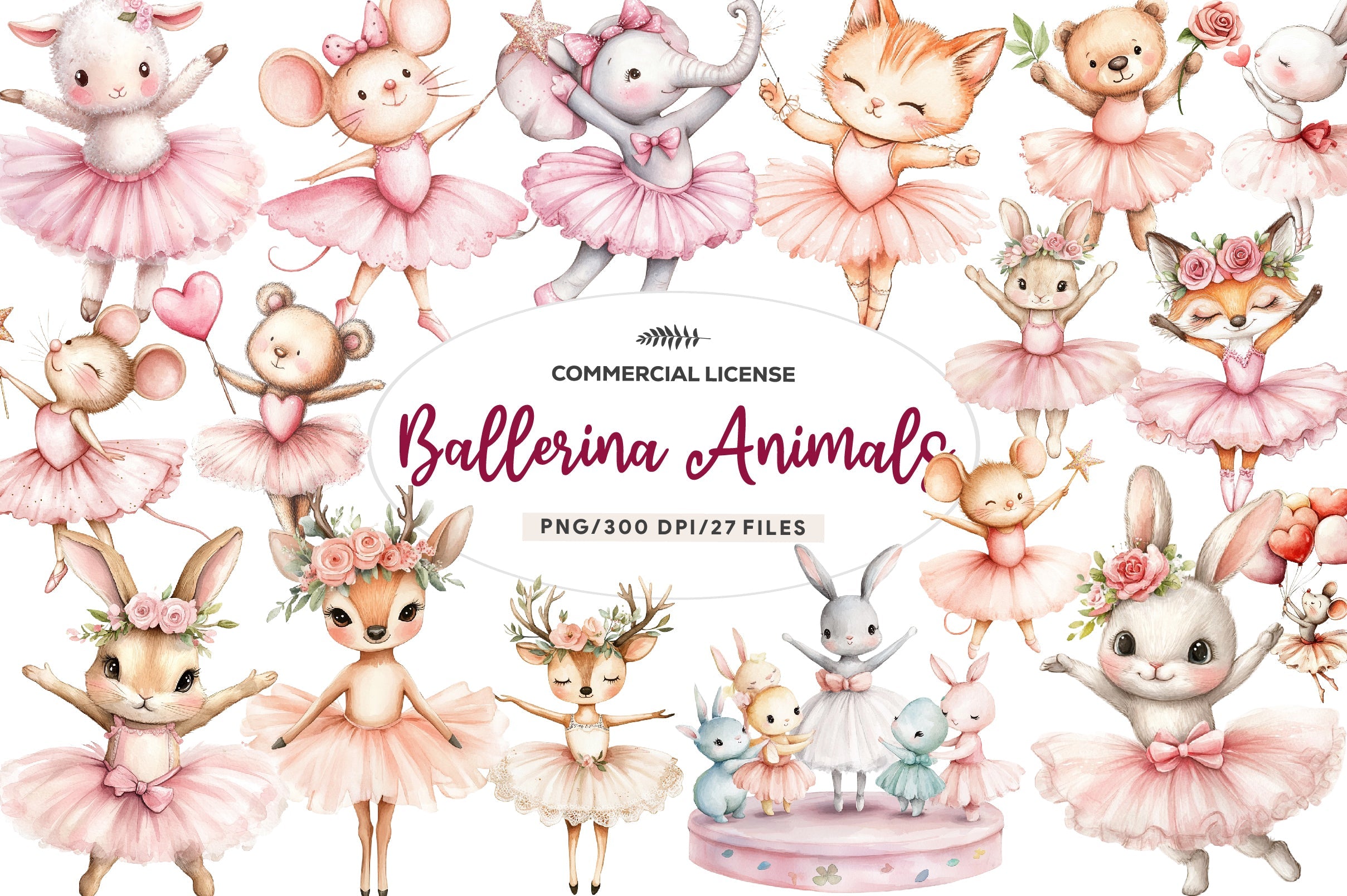 Cute Pink Ballerina Animals Clipart Bundle