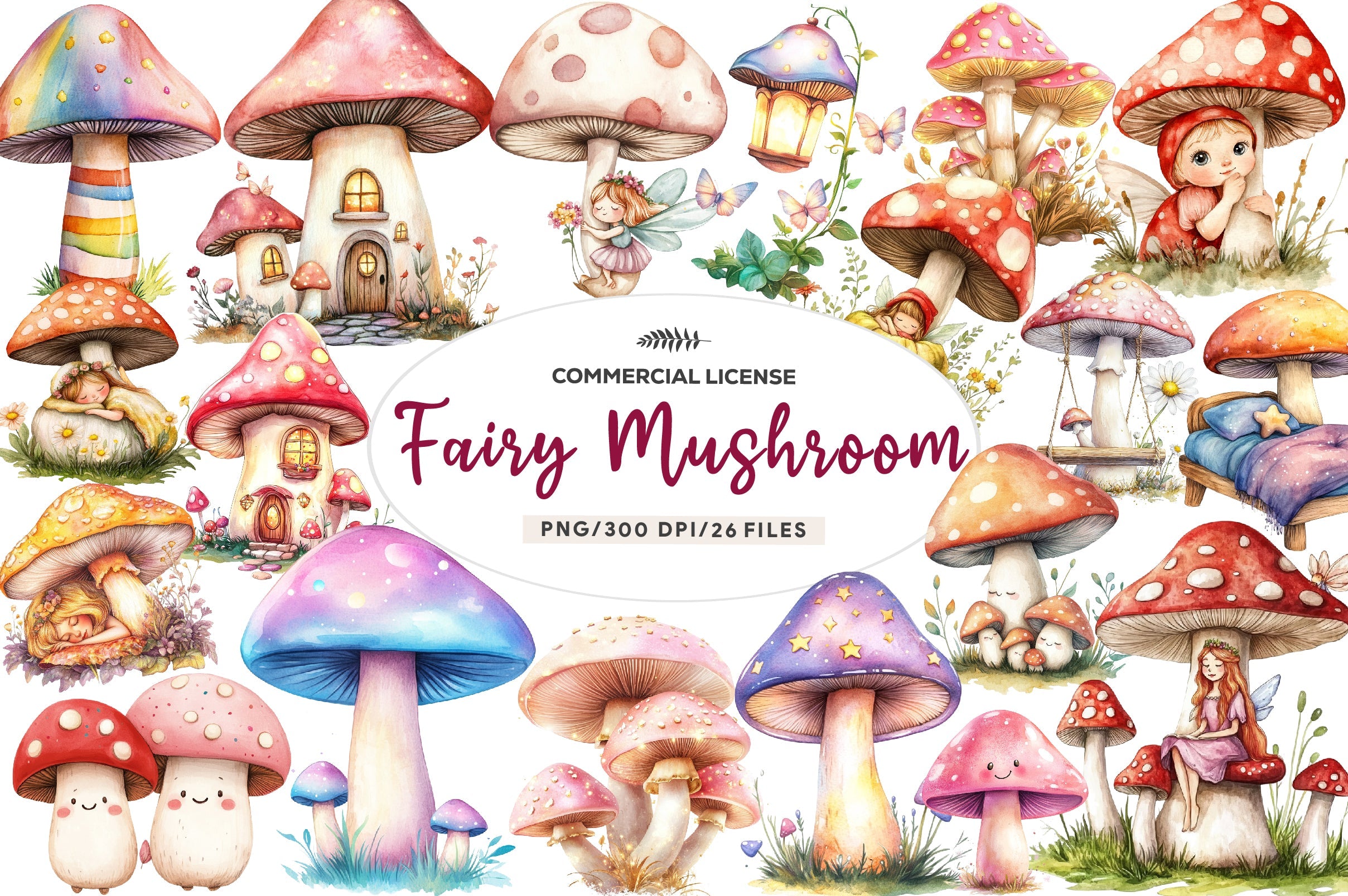 Cute Magic Fairy Mushroom Clipart Bundle