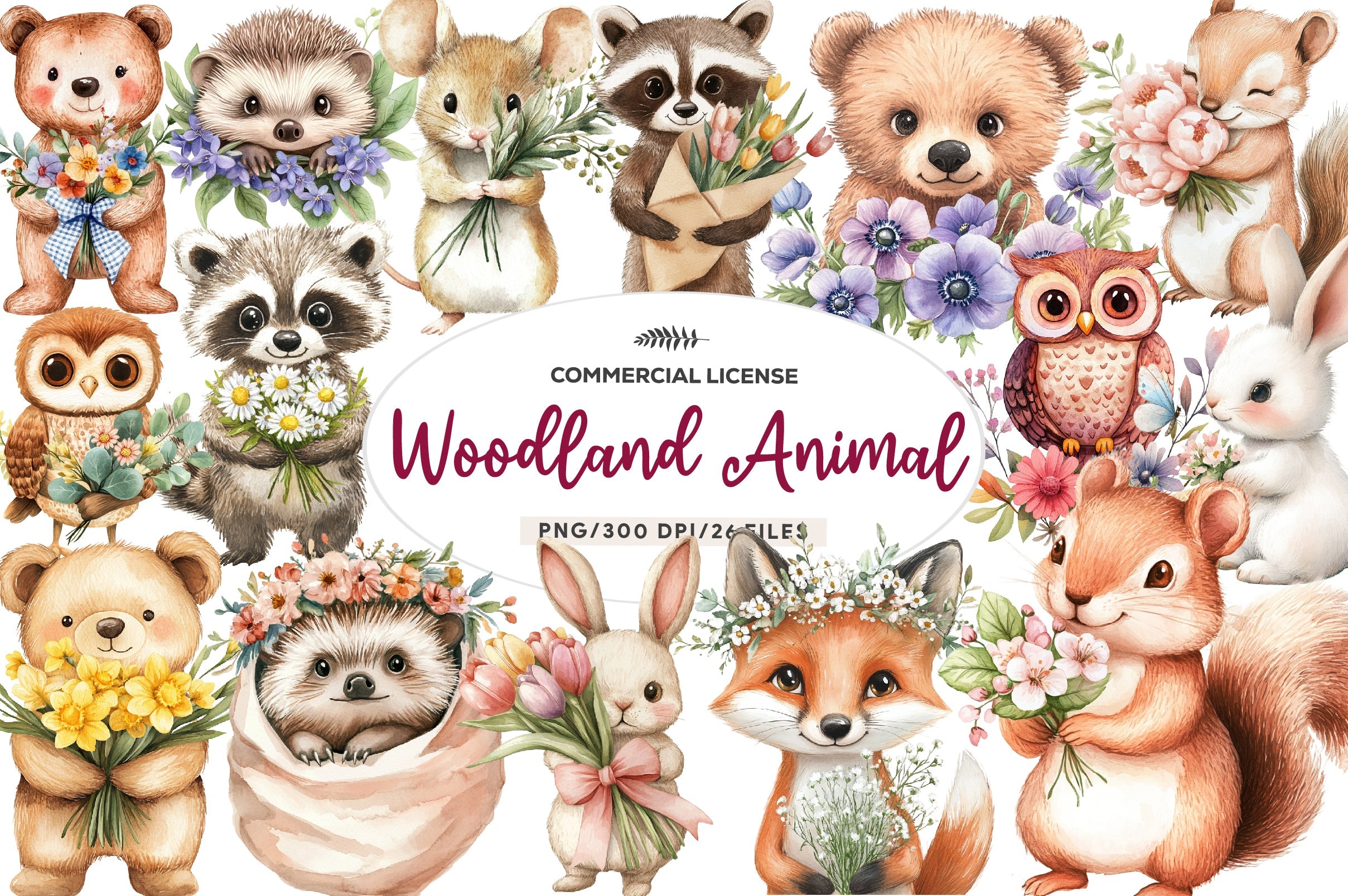 Spring Woodland Animal With Bouquet Clipart Bundle