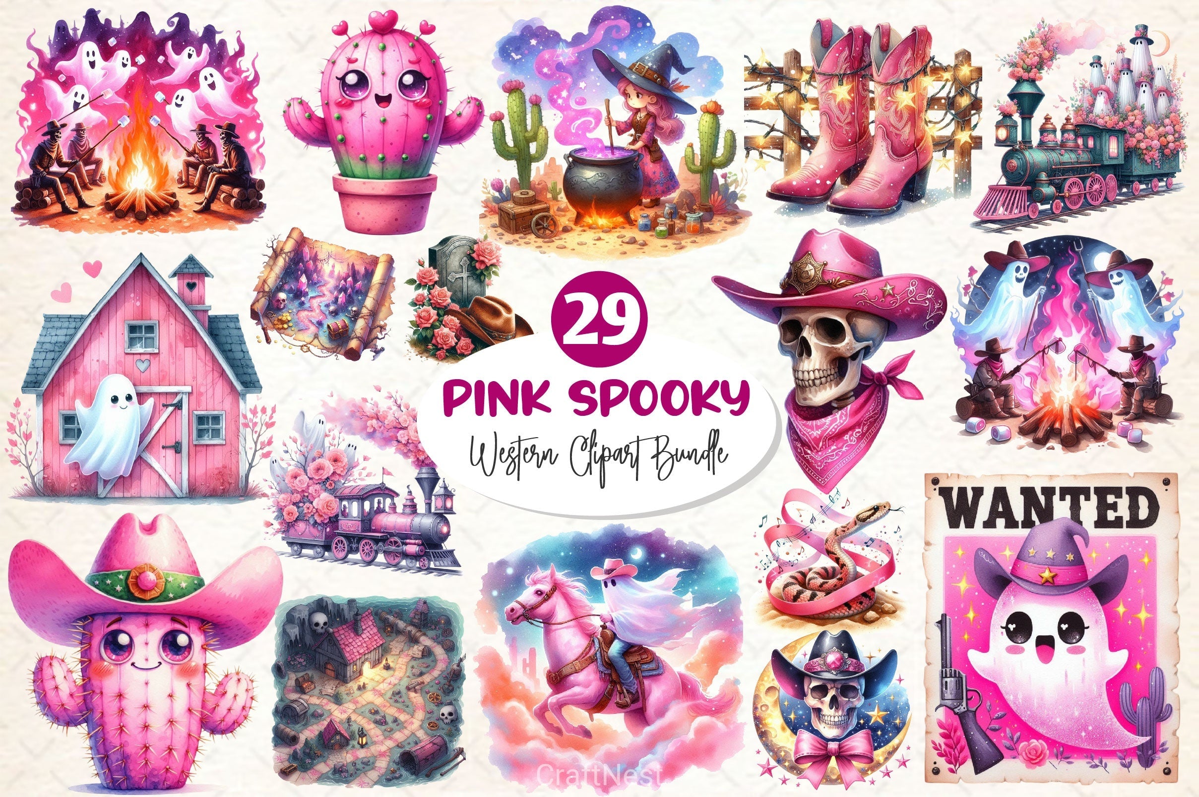 Pink Spooky Western Clipart Bundle