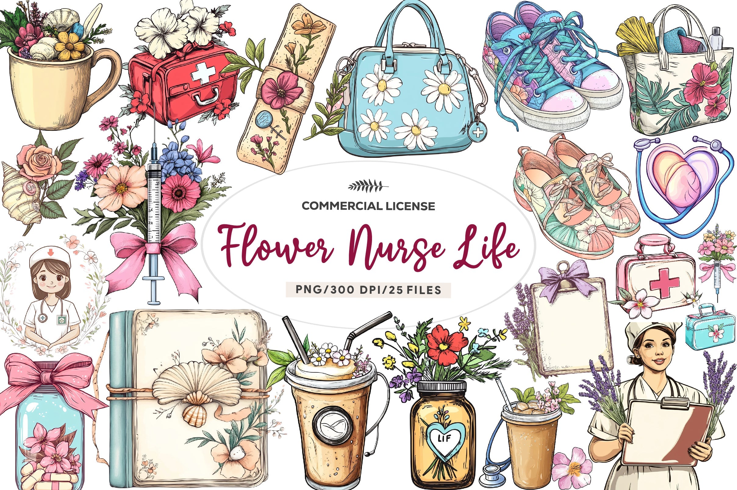 Flower Nurse Life Coquette Coastal Clipart Bundle