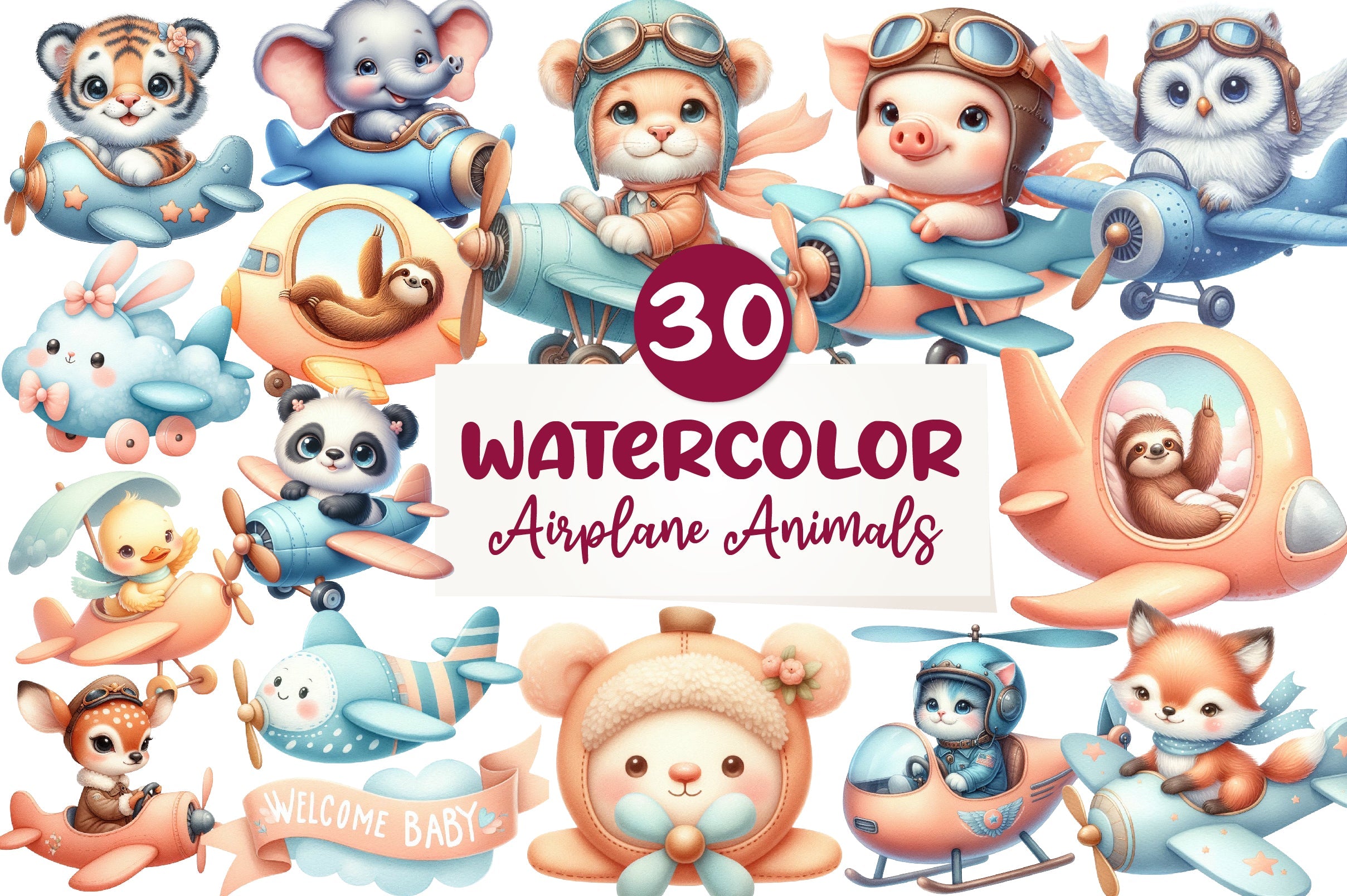 Airplane Cute Animals Clipart Bundle