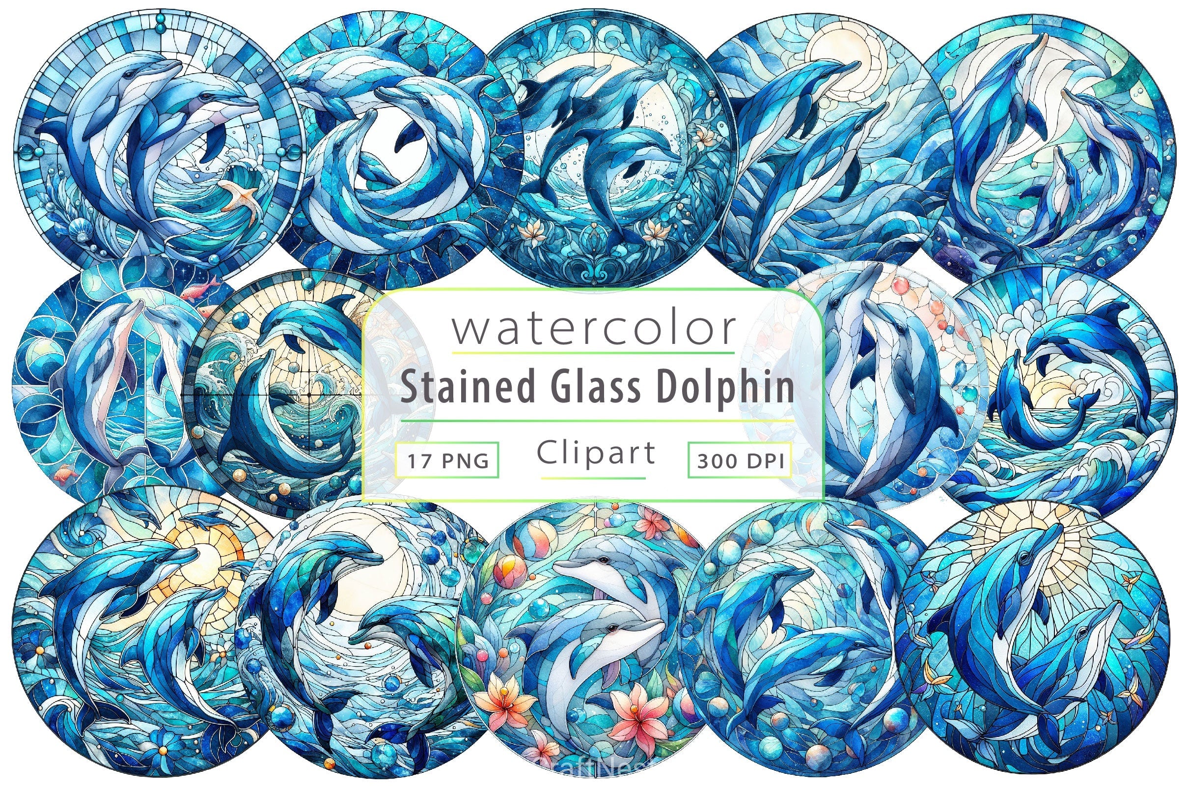 Stained Glass Dolphin Clipart Bundle