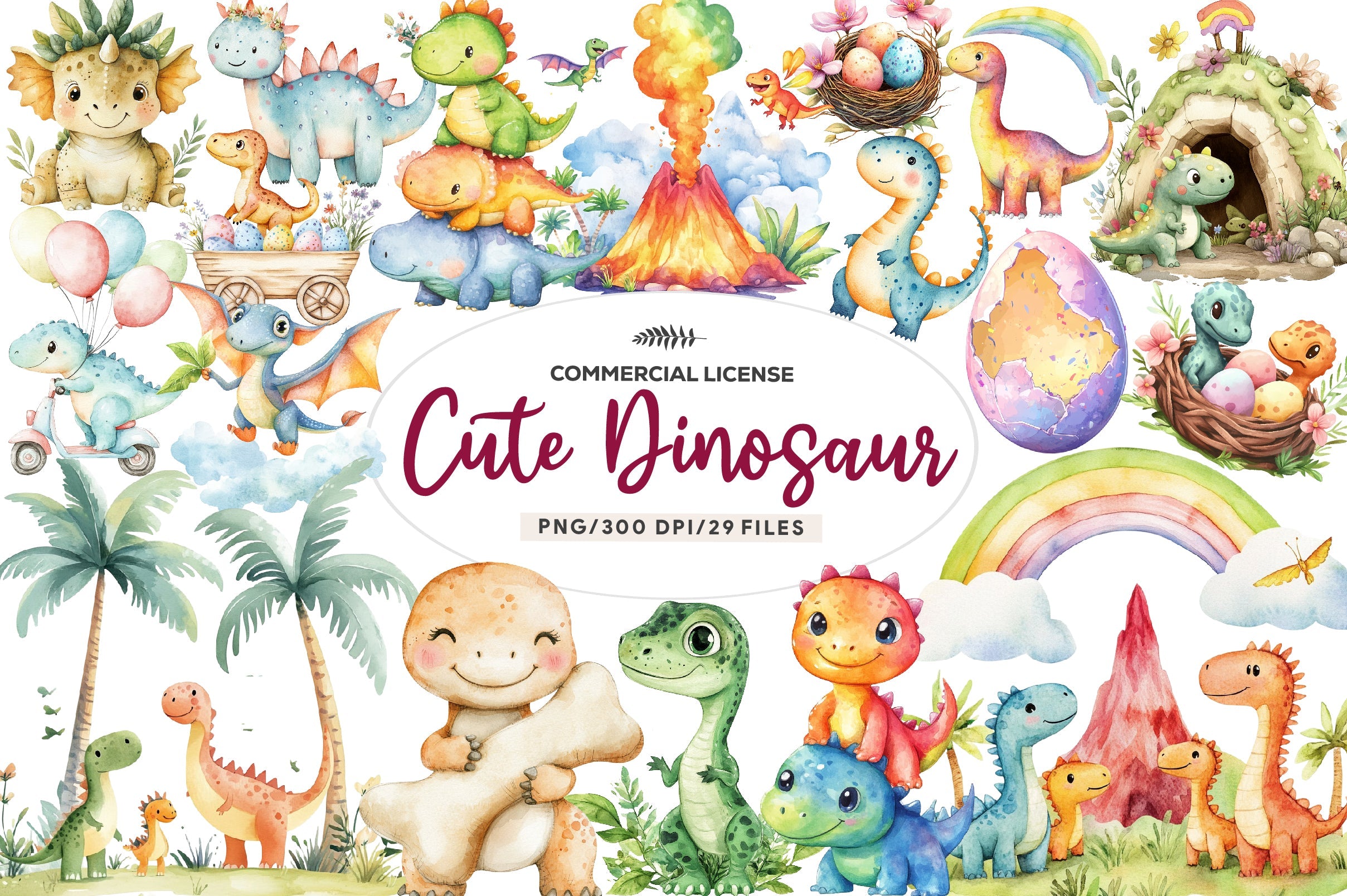 Prehistoric Cute Dinosaur Clipart Bundle