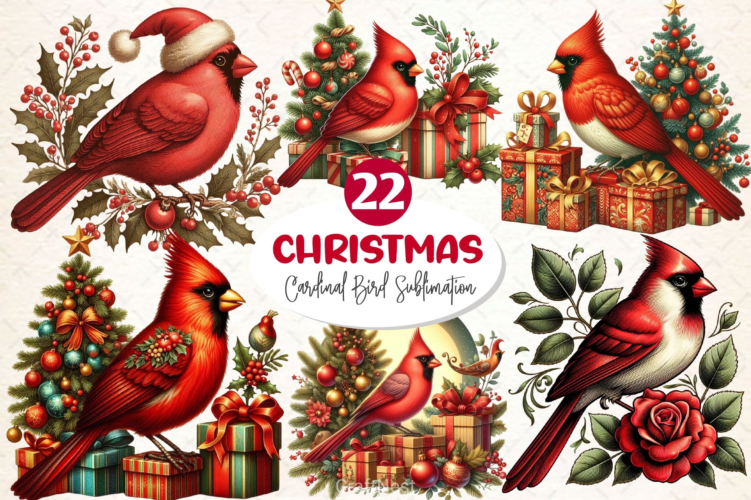 Christmas Cardinal Bird Clipart Bundle