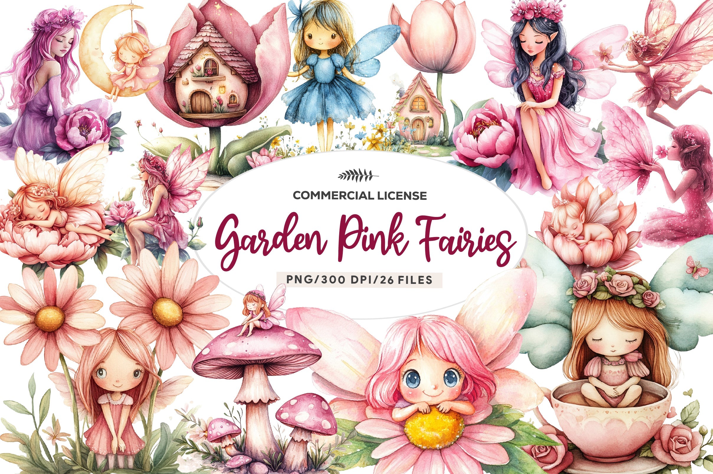 Magical Garden Pink Fairies Clipart Bundle