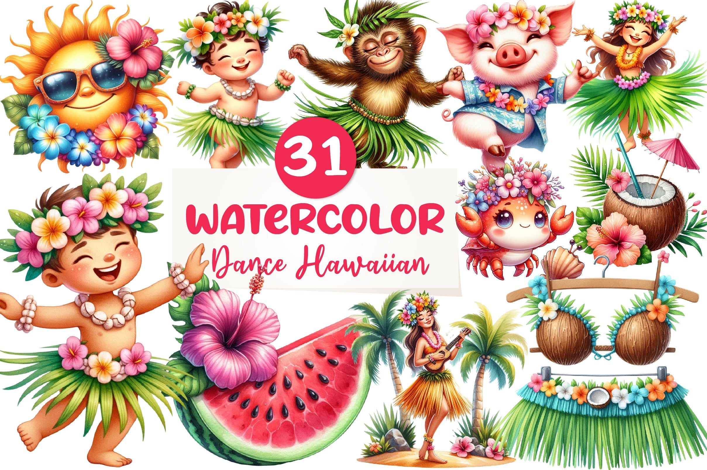 Cute Tropical Hula Dance Hawaiian Clipart Bundle