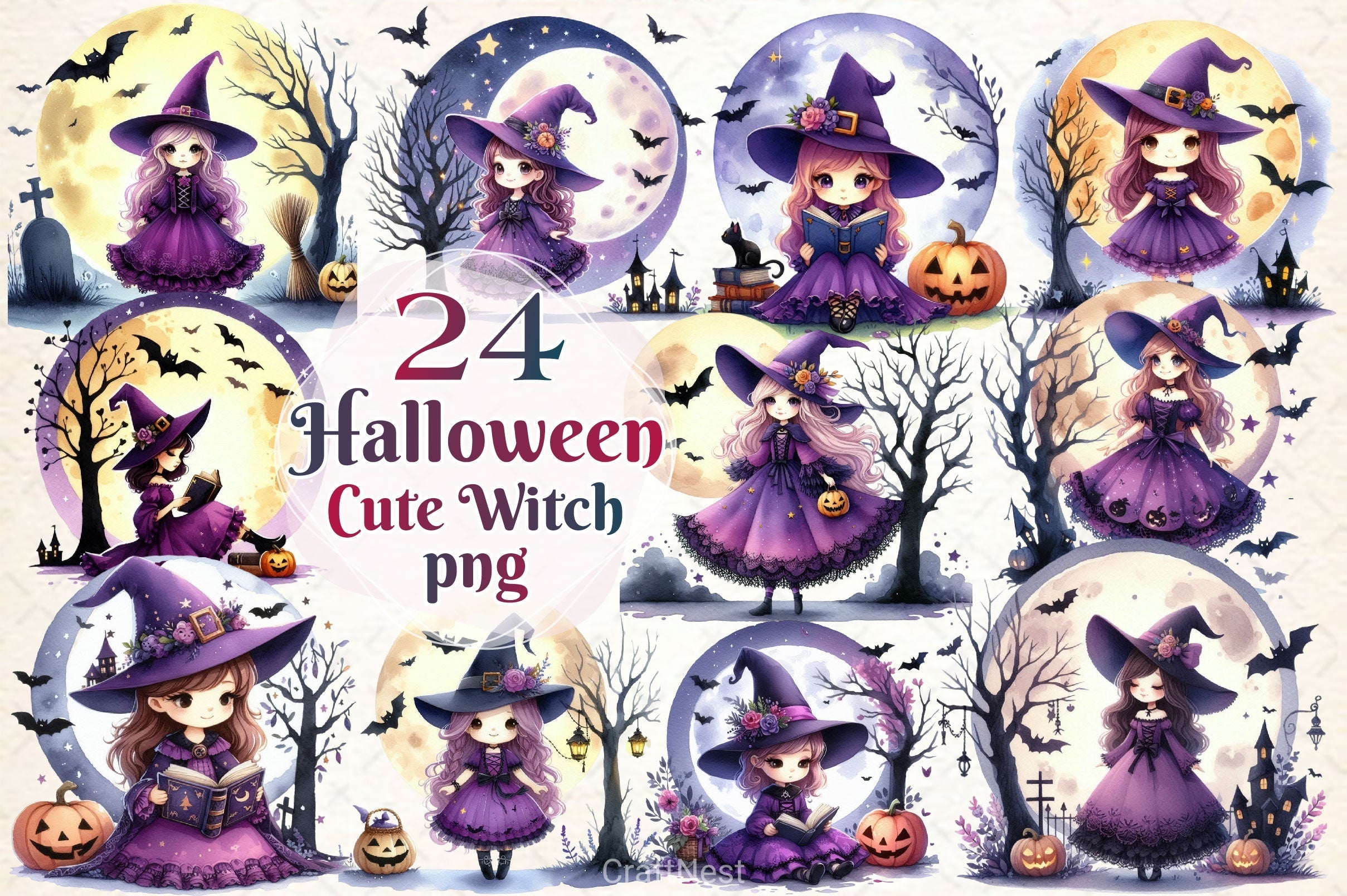 Halloween Cute Witch Clipart Bundle 4