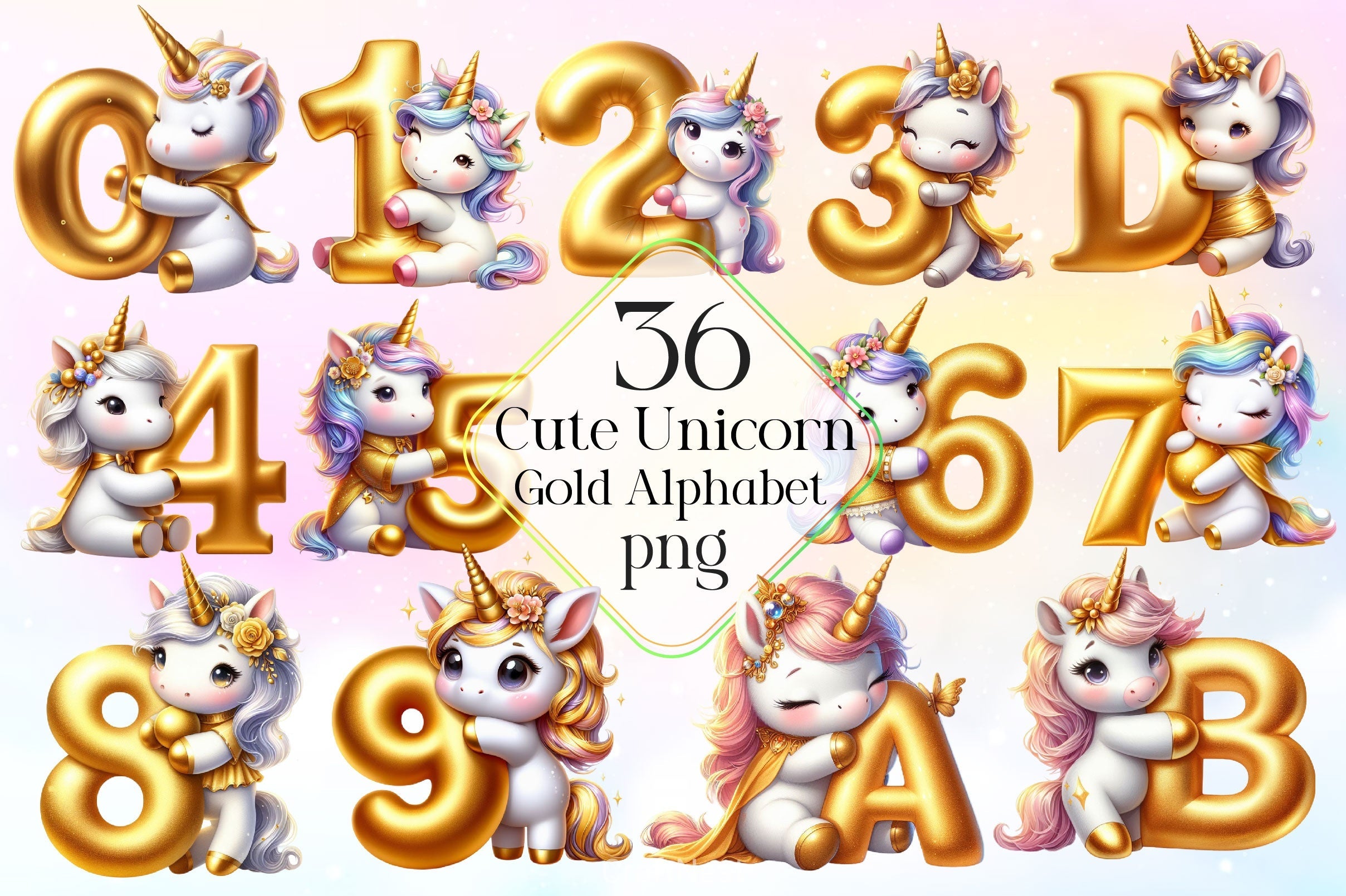 Cute Unicorn Gold Alphabet Clipart Bundle