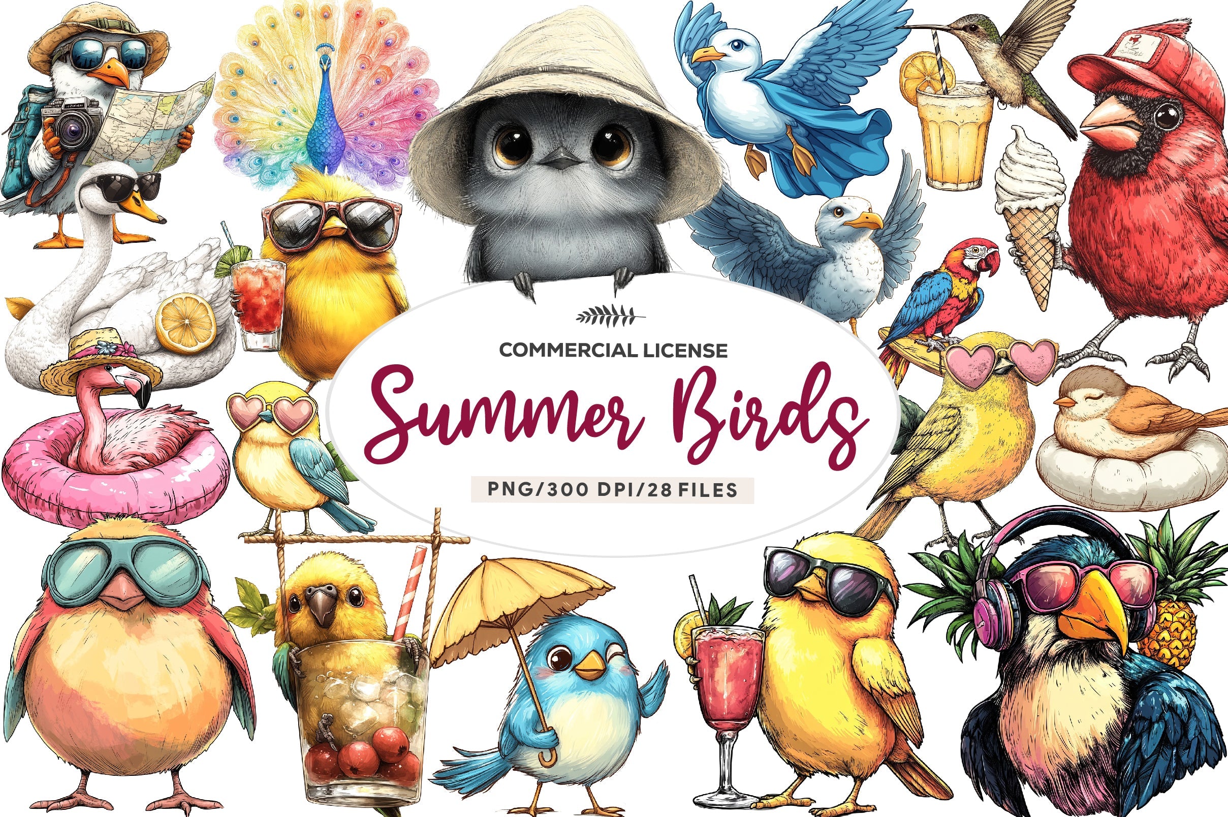 Quirky Whimsical Summer Birds Clipart Bundle