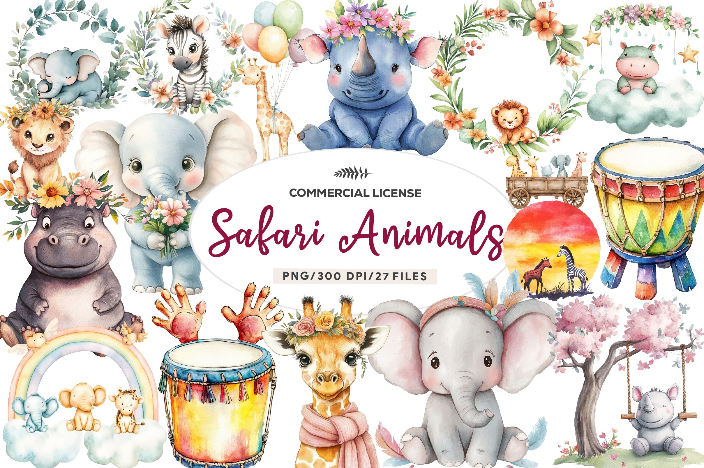 Cute Boho Baby Safari Animals Clipart Bundle