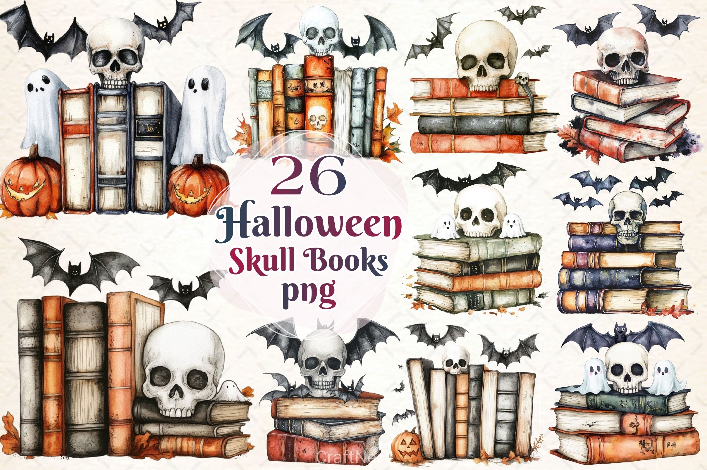 Skull Spell Books Spooky Halloween Copy Clipart Bundle
