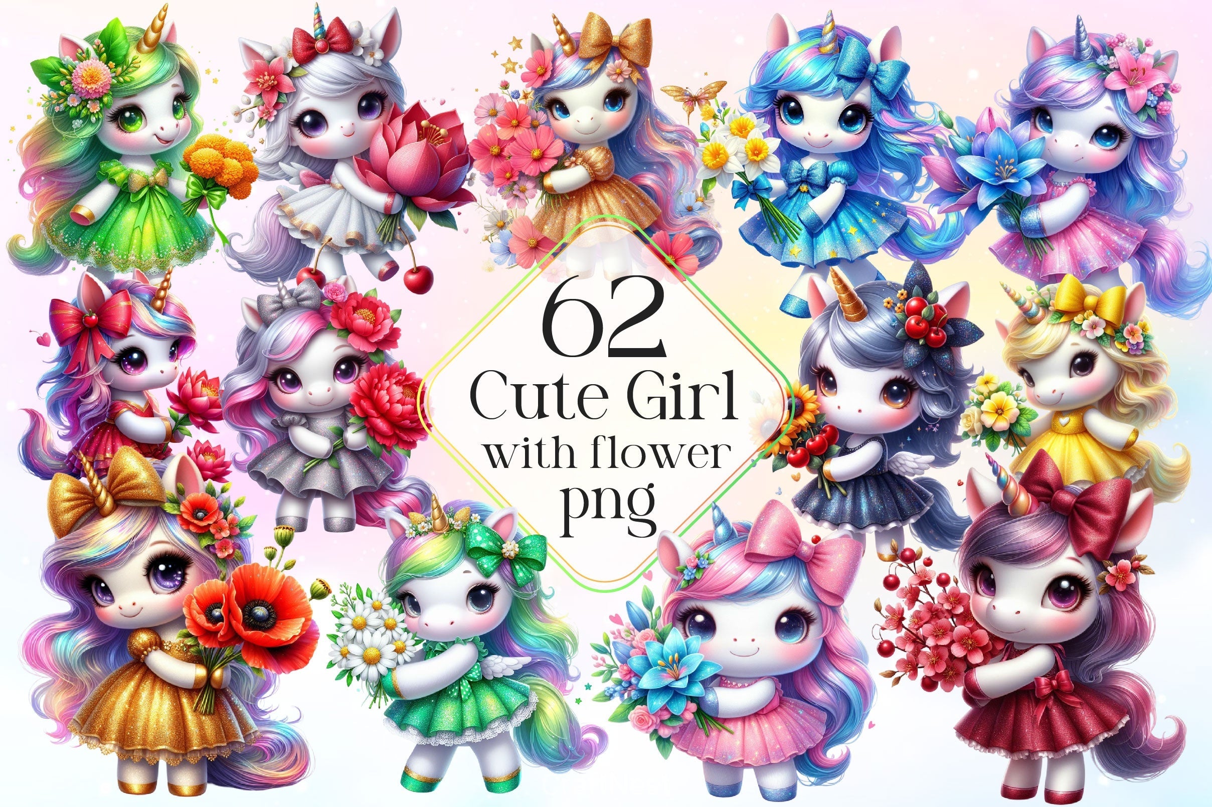 Cute Unicorn With Flower Clipart Bundle