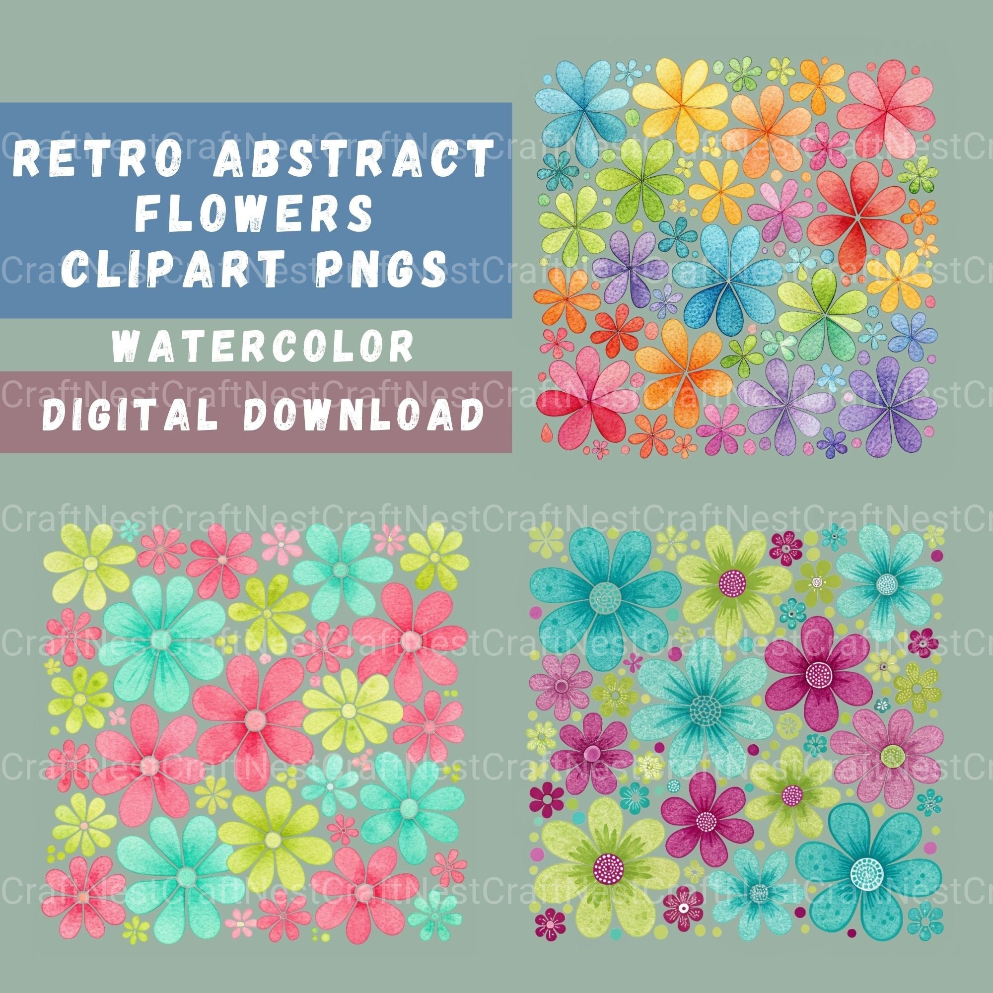 Flowers Square Retro Clipart Bundle