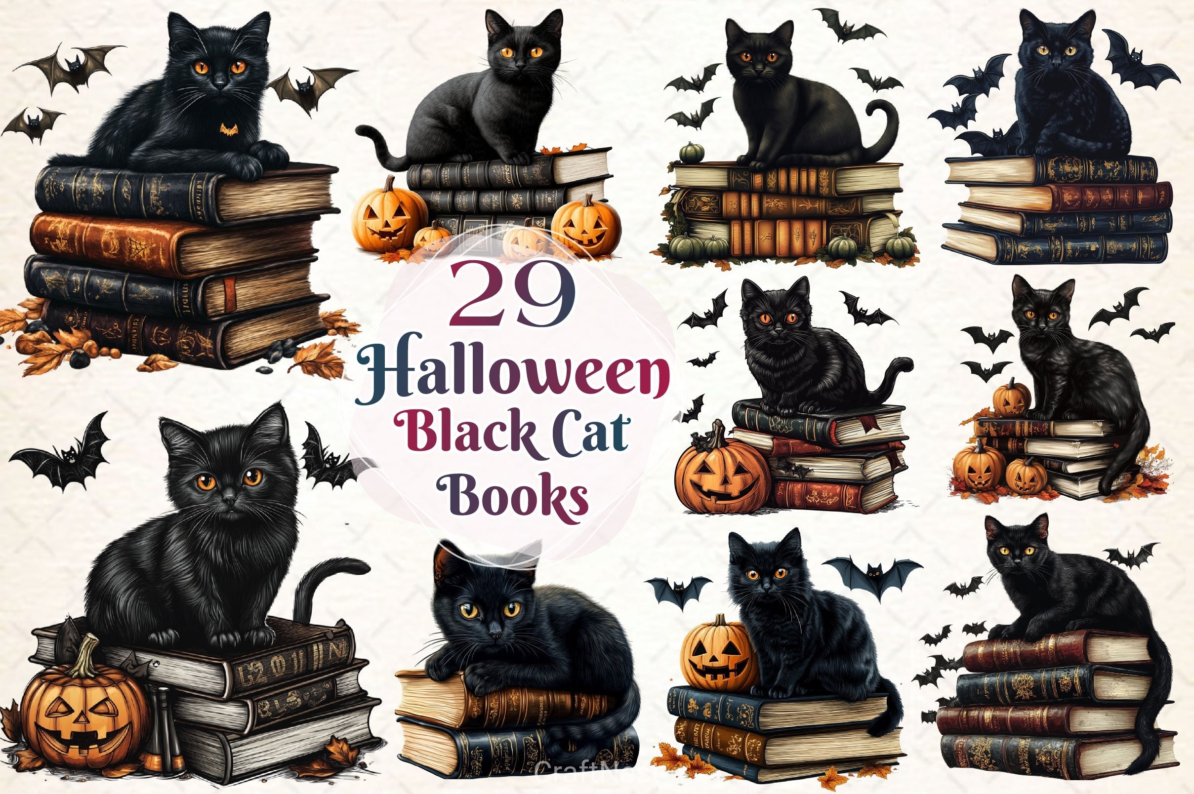 Halloween Black Cat On Books Clipart Bundle 2
