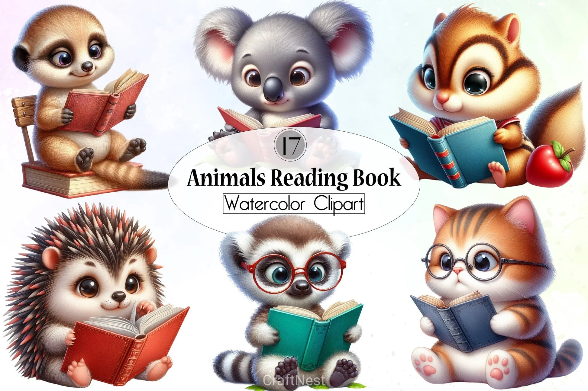 Cute Animals Reading Clipart Bundle - CraftNest - Digital Crafting and Art