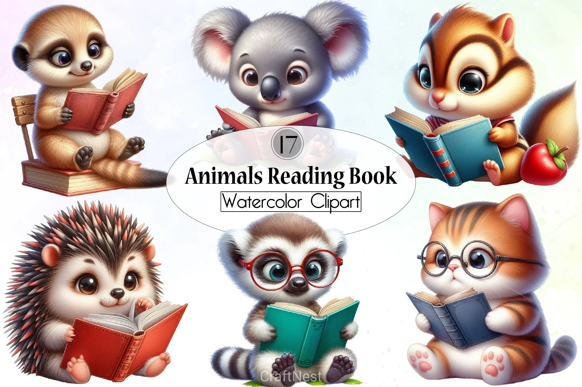 Cute Animals Reading Clipart Bundle - CraftNest - Digital Crafting and Art