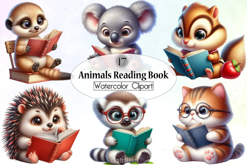 Cute Animals Reading Clipart Bundle - CraftNest - Digital Crafting and Art