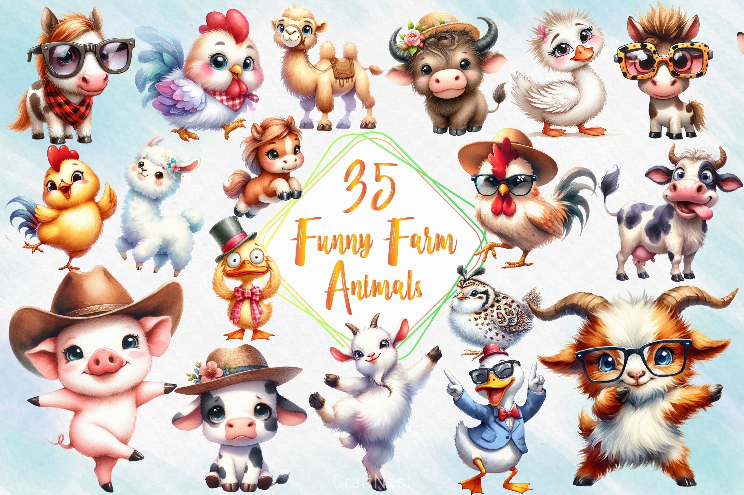 Cute Funny Farm Animals Clipart Bundle