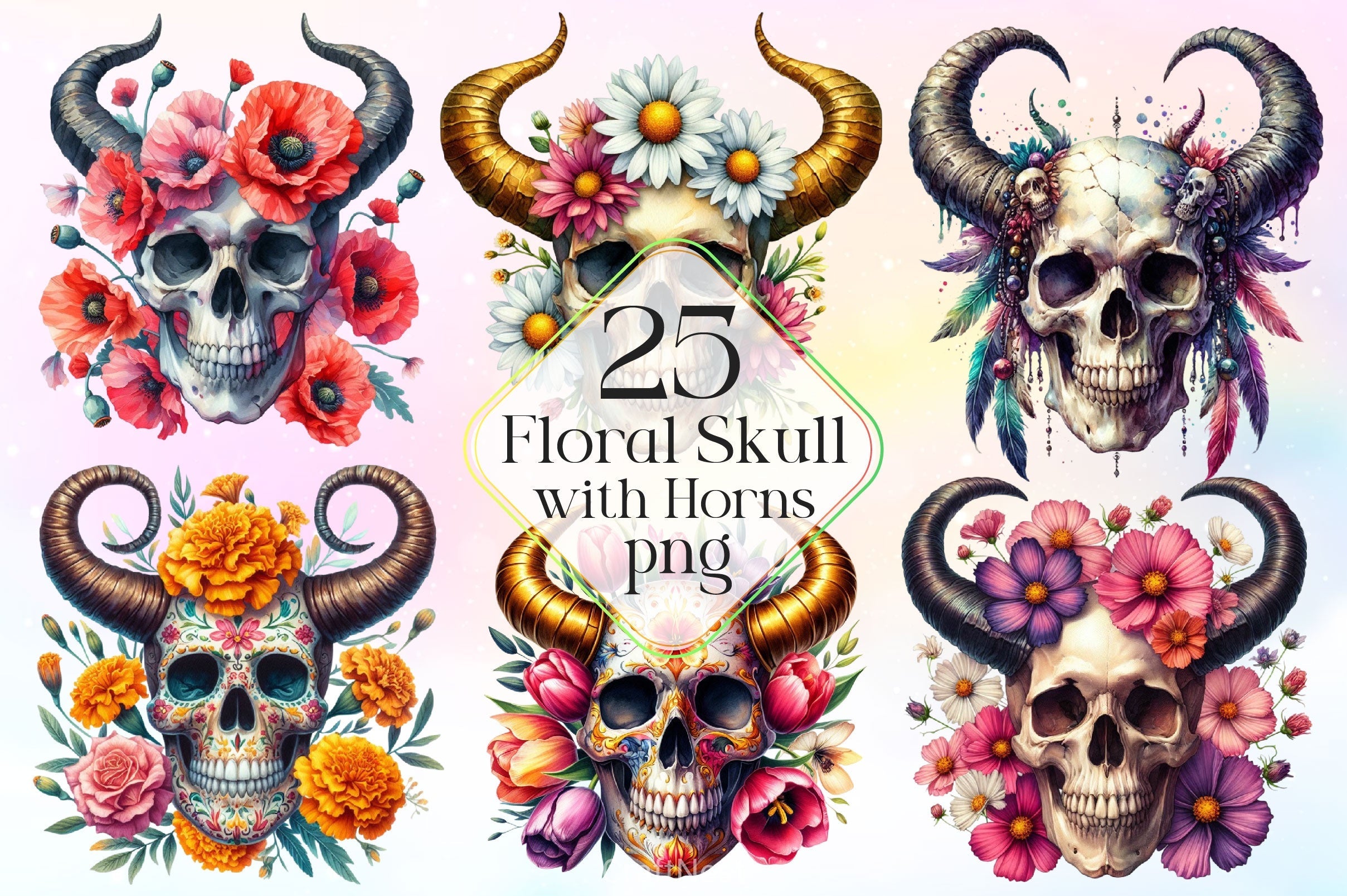 Floral Skull With Horns Clipart Bundle