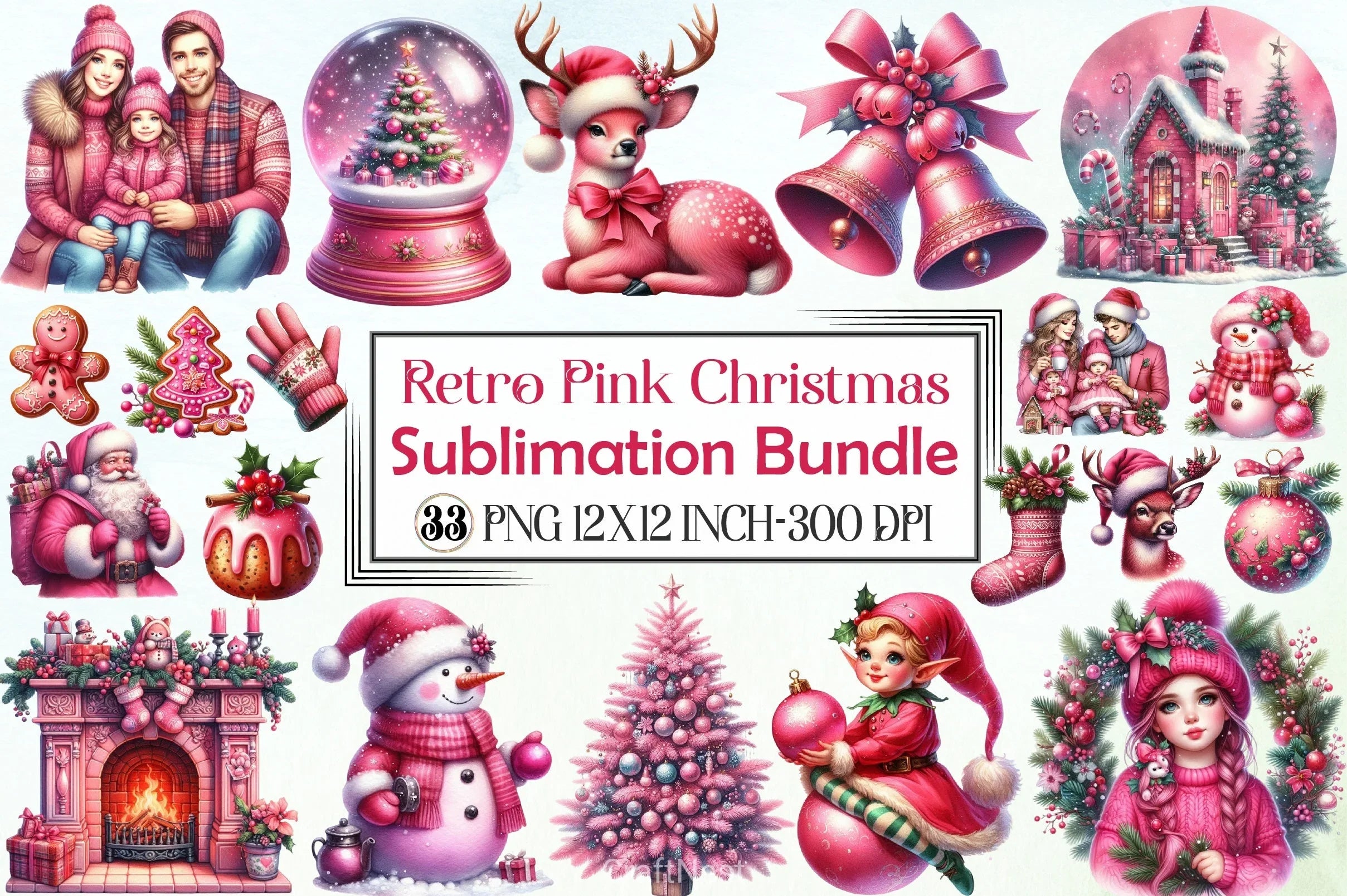 Retro Pink Christmas Clipart Bundle 12 - CraftNest - Digital Crafting and Art
