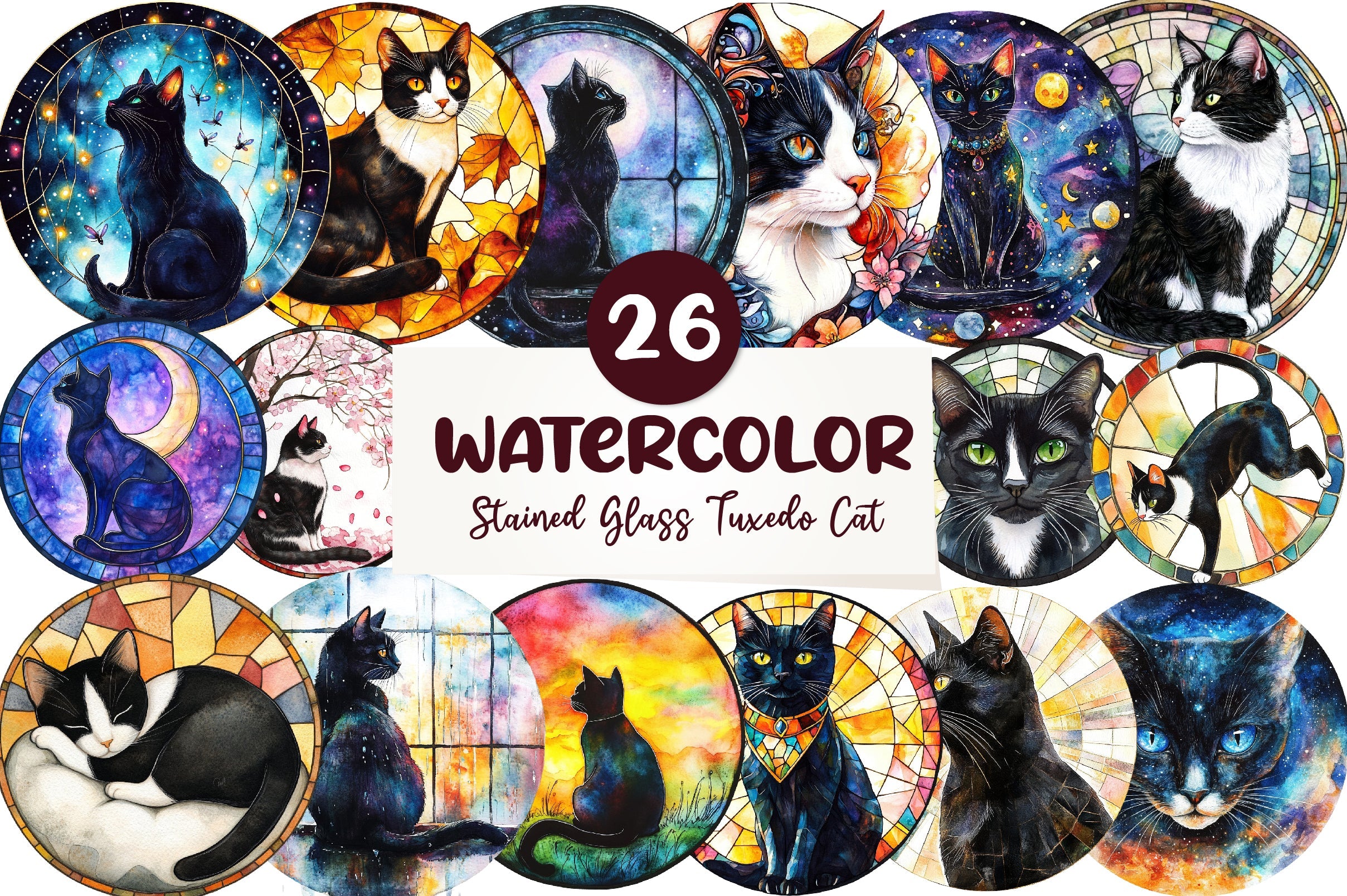 Round Stained Glass Tuxedo Cat Clipart Bundle