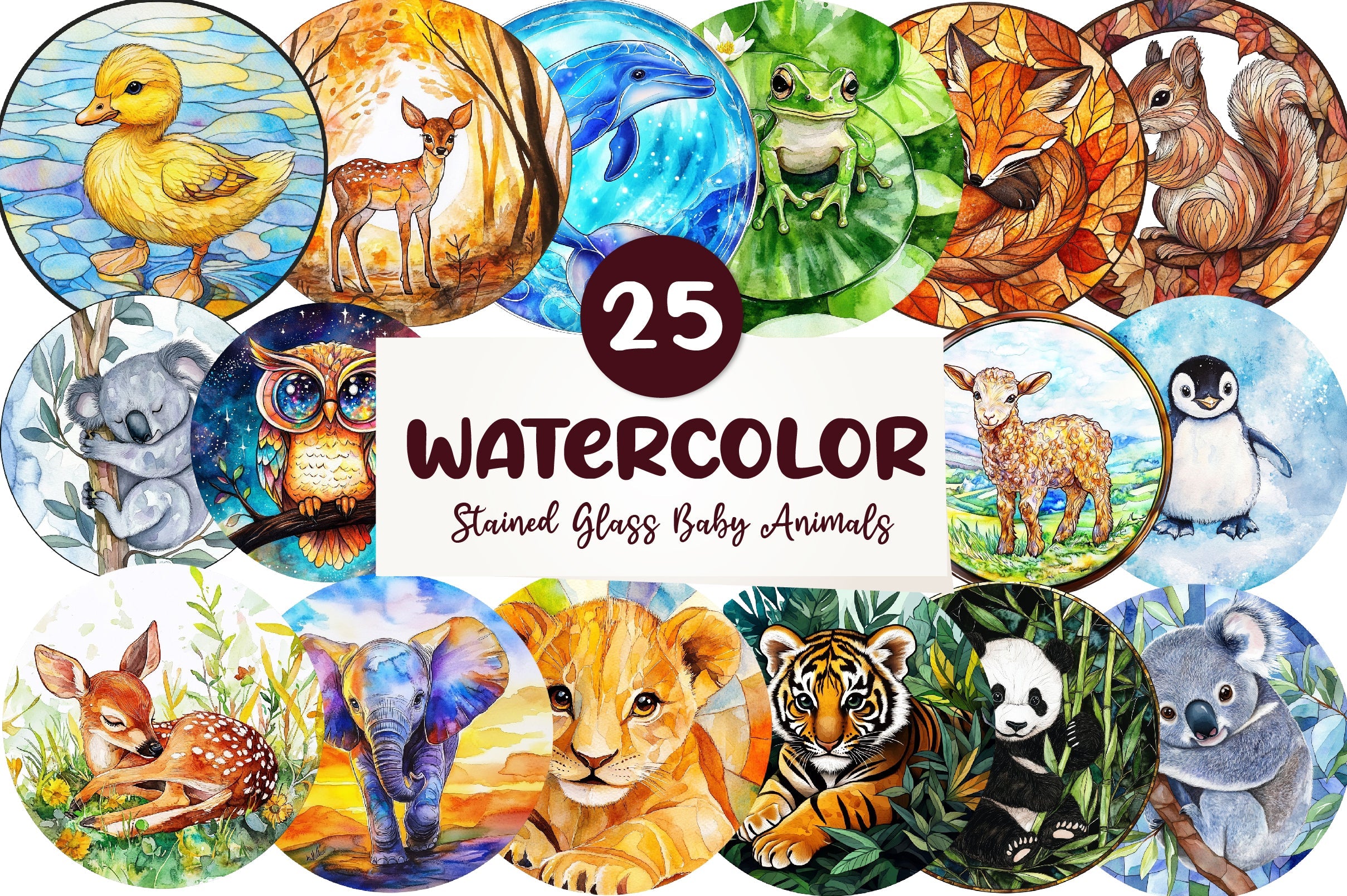 Round Stained Glass Of Baby Animals Clipart Bundle