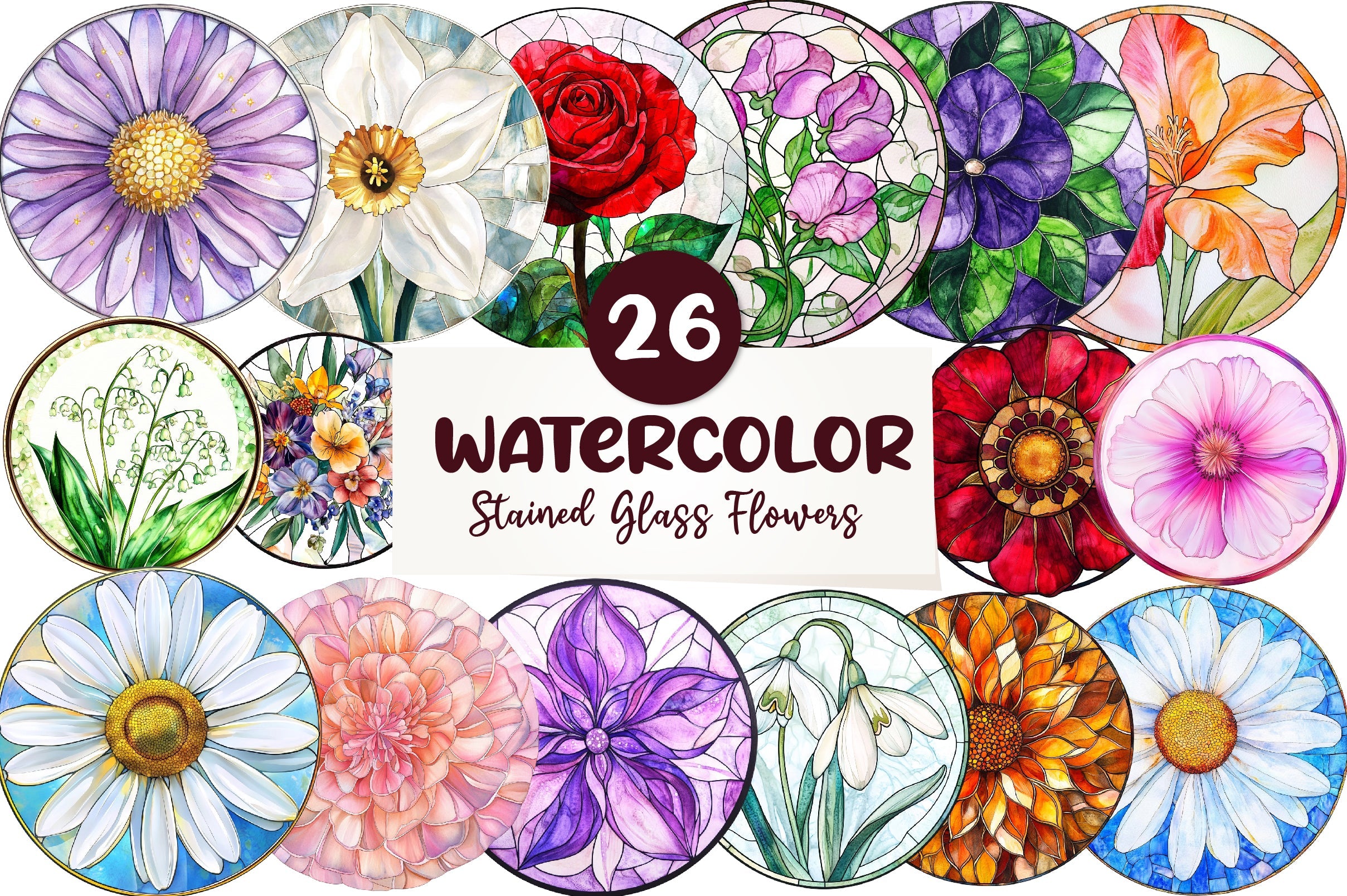 Round Stained Glass Of Birth Month Flowers Clipart Bundle