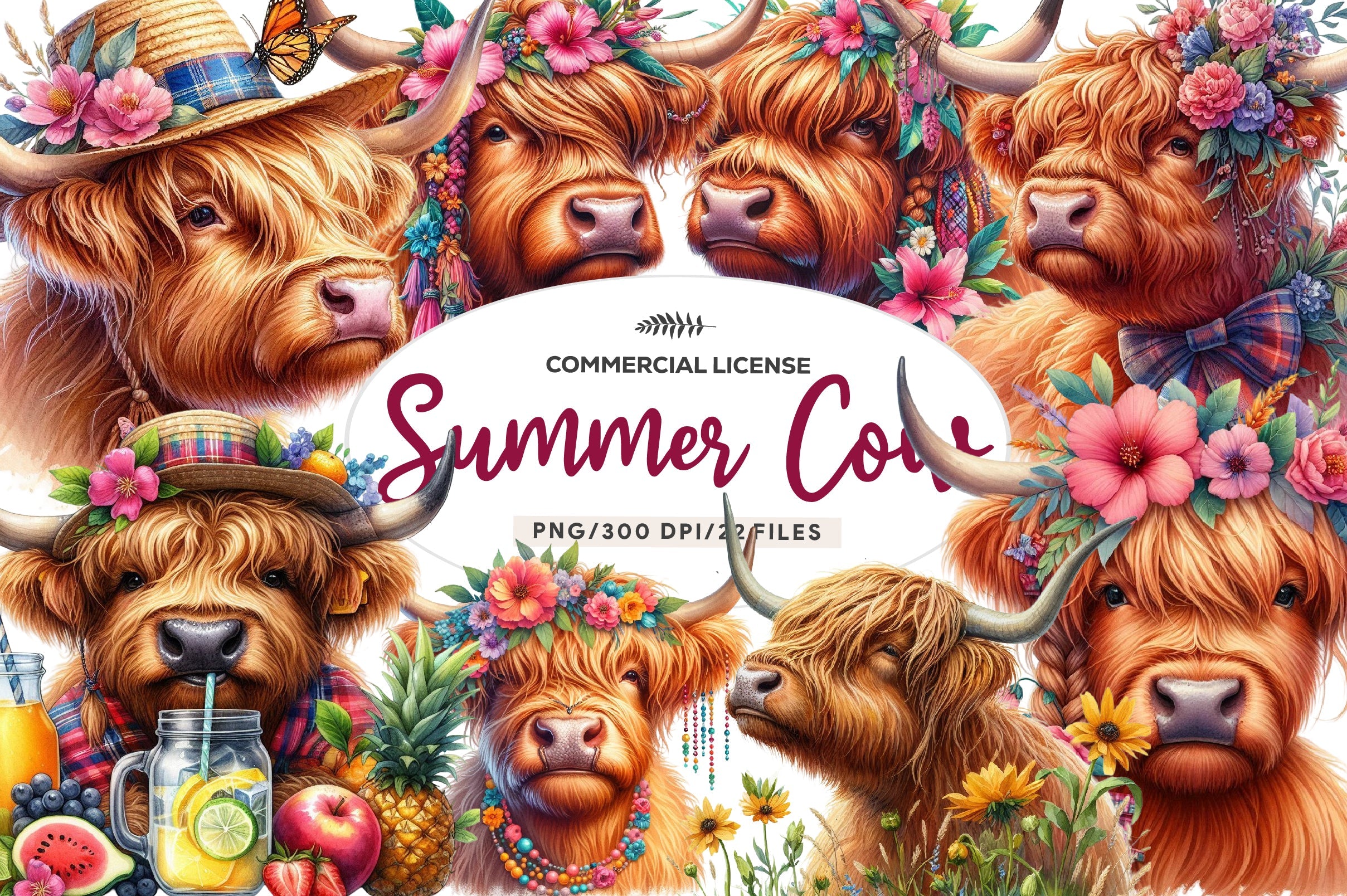 Highland Cow Summer Clipart Bundle