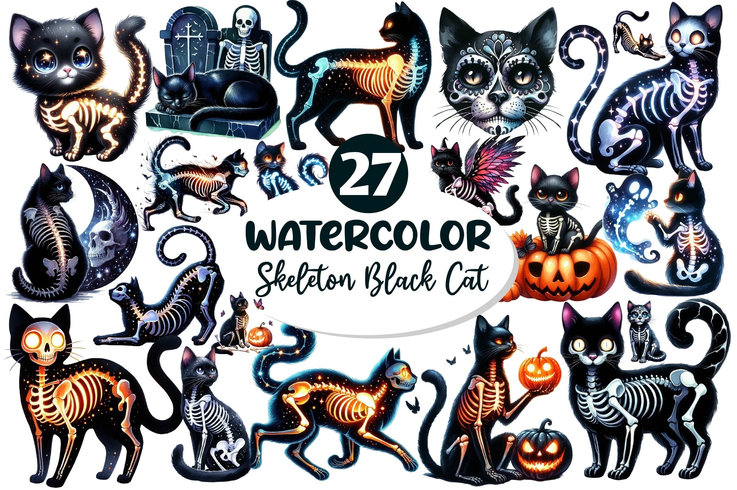 Skeleton Black Cat Clipart Bundle