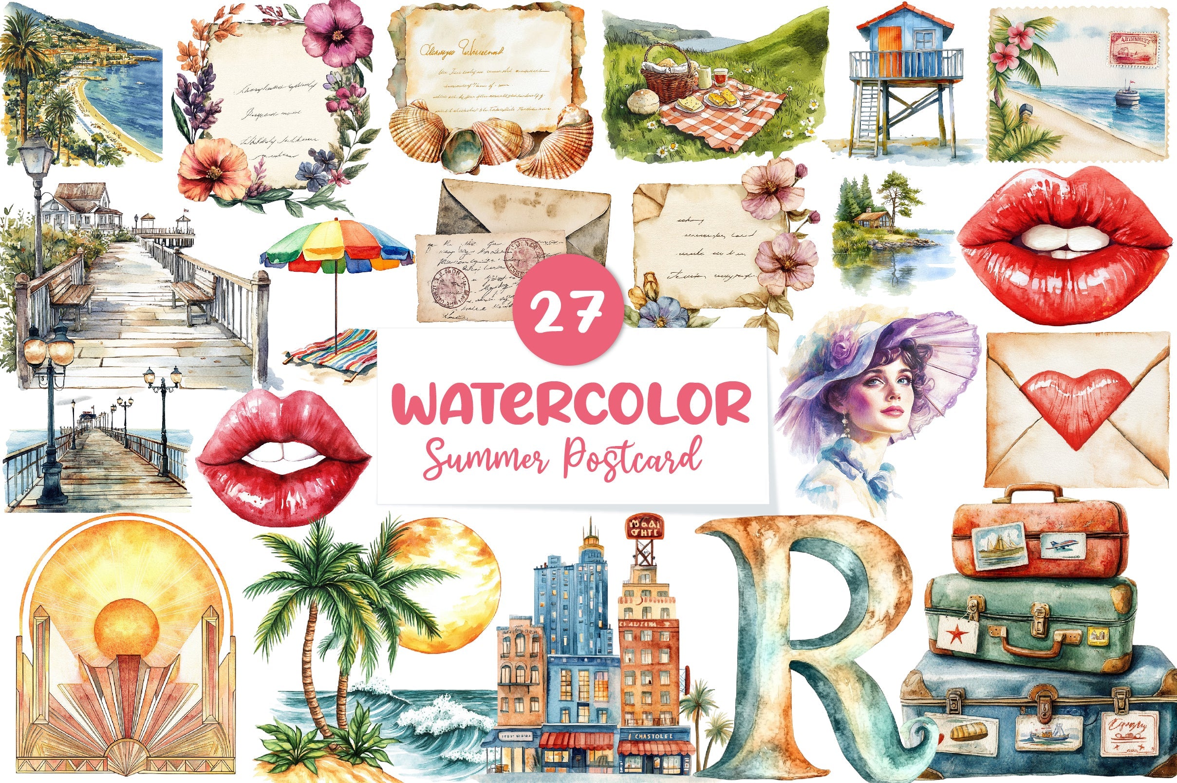 1920S Summer Postcard Clipart Bundle