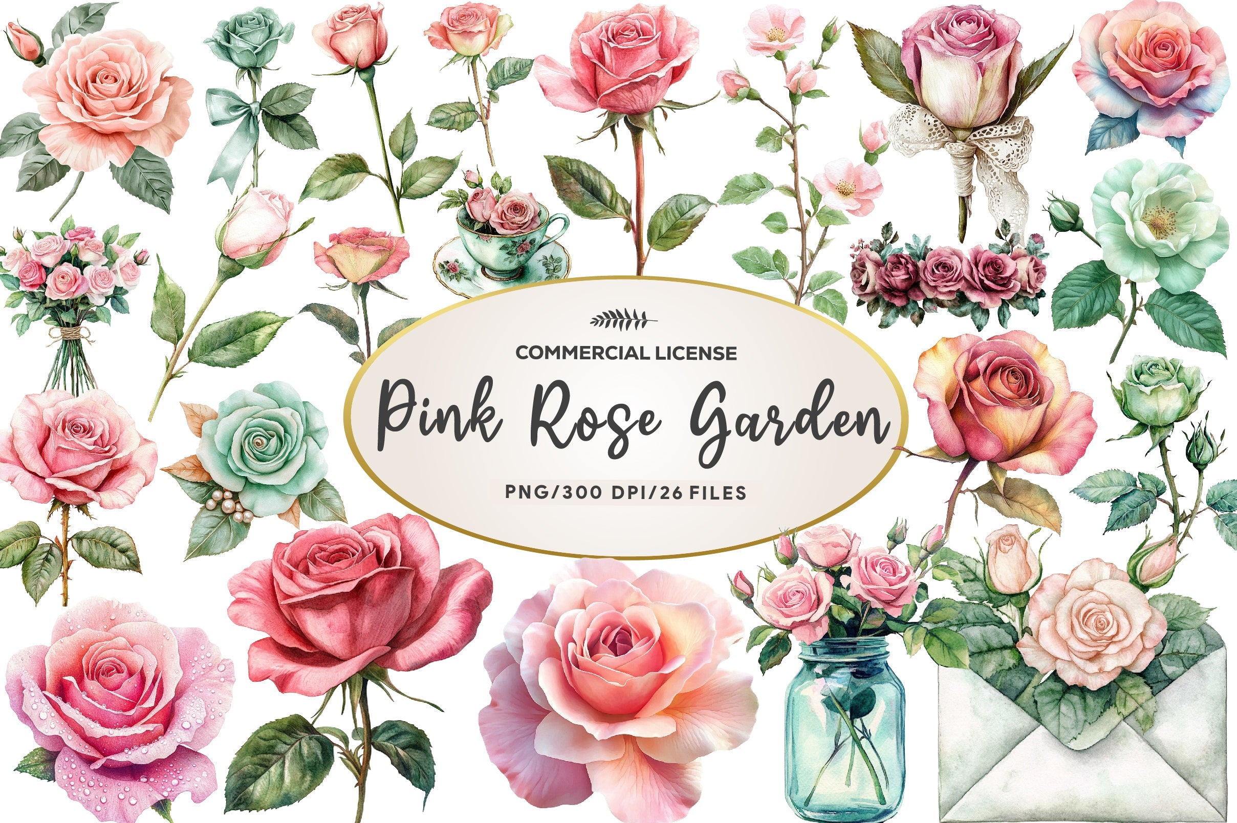 Mint And Pink Rose Garden Clipart Bundle