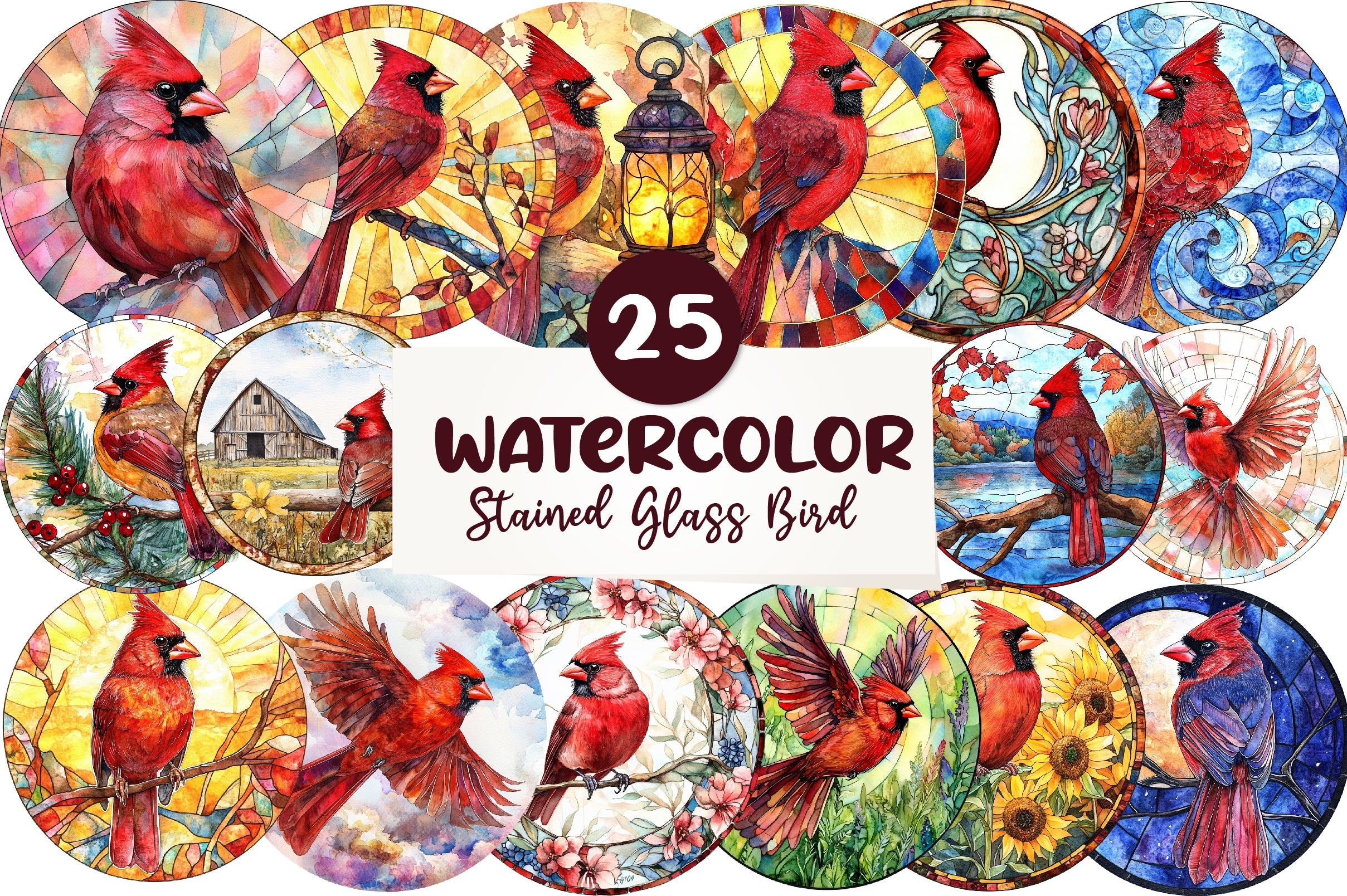 Round Stained Glass Cardinal Bird Clipart Bundle