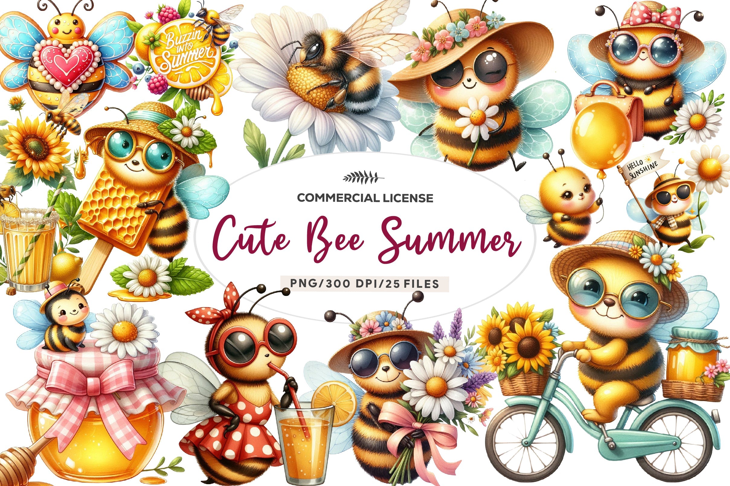 Cute Bee Summer Clipart Bundle
