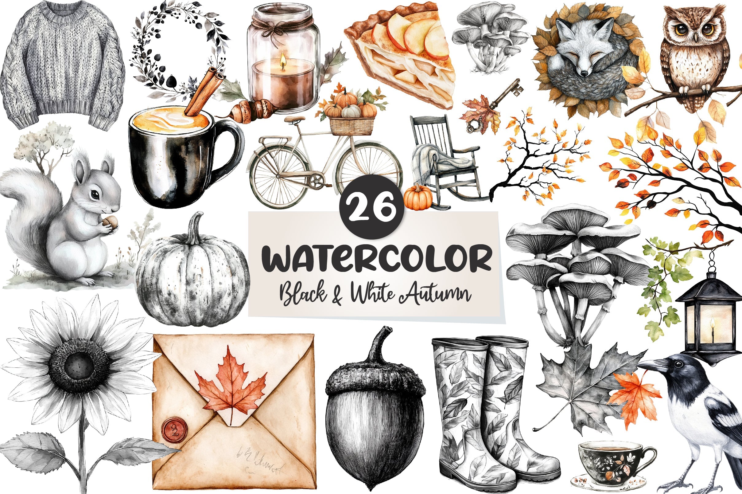 Black & White Autumn Clipart Bundle
