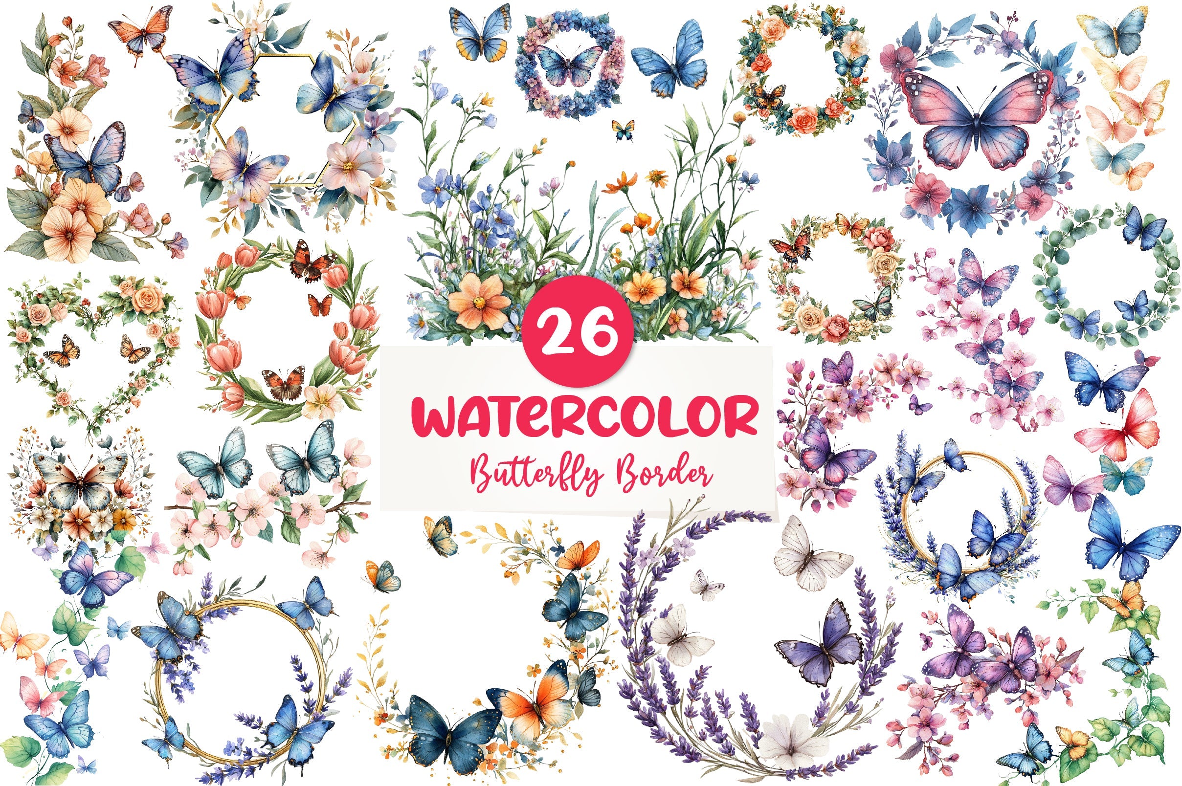 Spring Butterfly Border Clipart Bundle