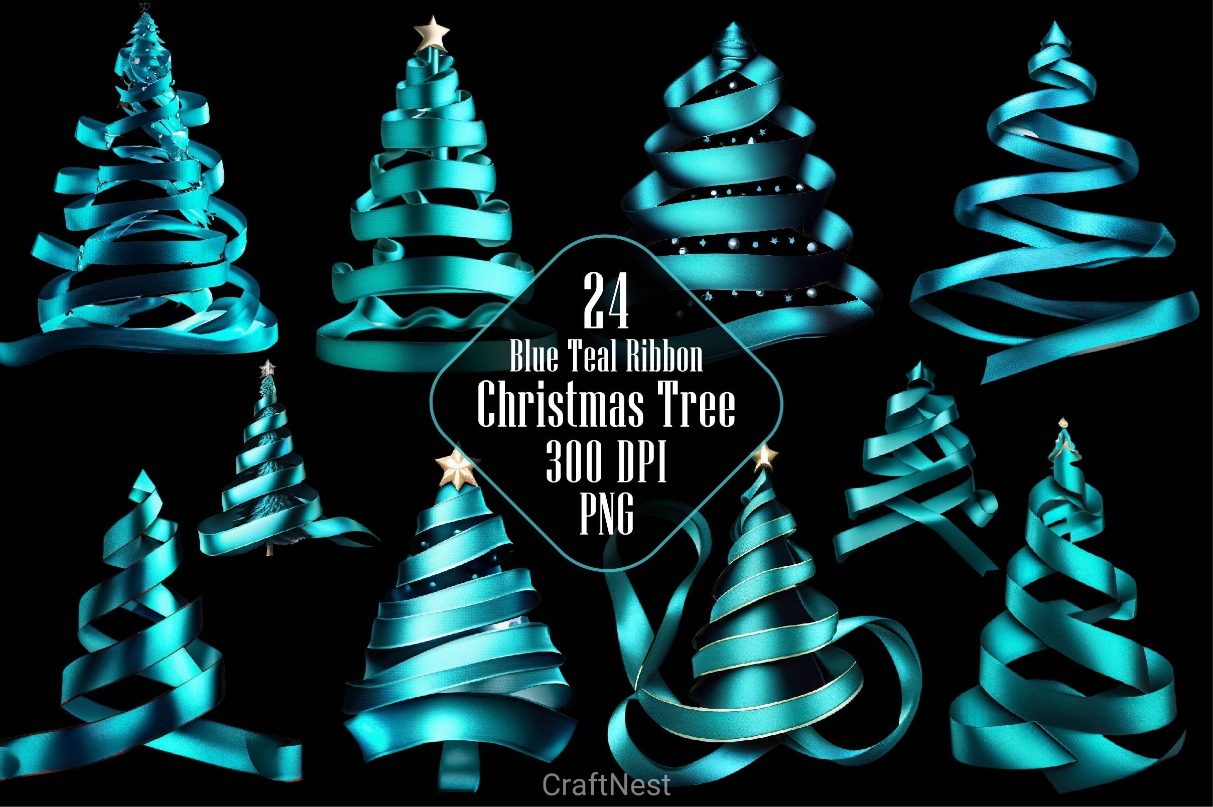 Blue Teal Ribbon Christmas Tree Clipart Bundle