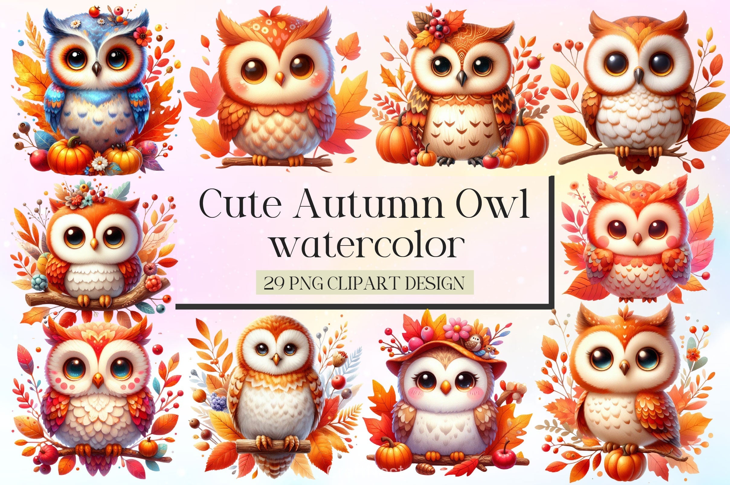 Cute Autumn Owl Clipart Bundle 2