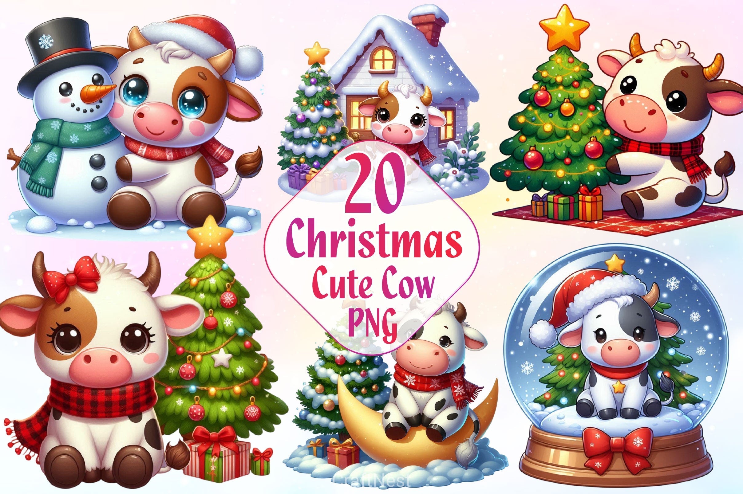 Cute Christmas Cow Clipart Bundle 2